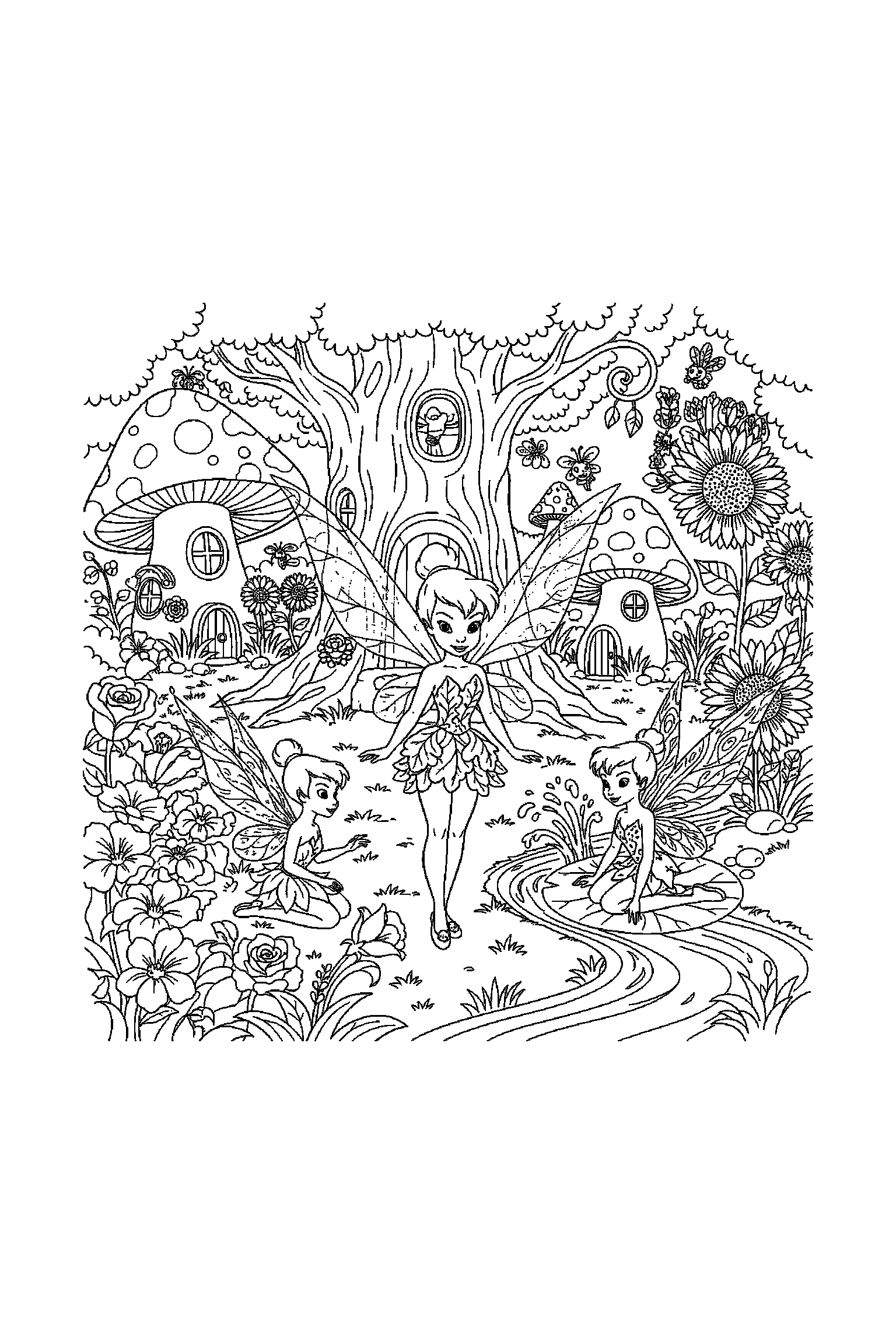 Coloriage Fée Clochette gratuit à imprimer : une petite fée devant une clairière avec accessoires