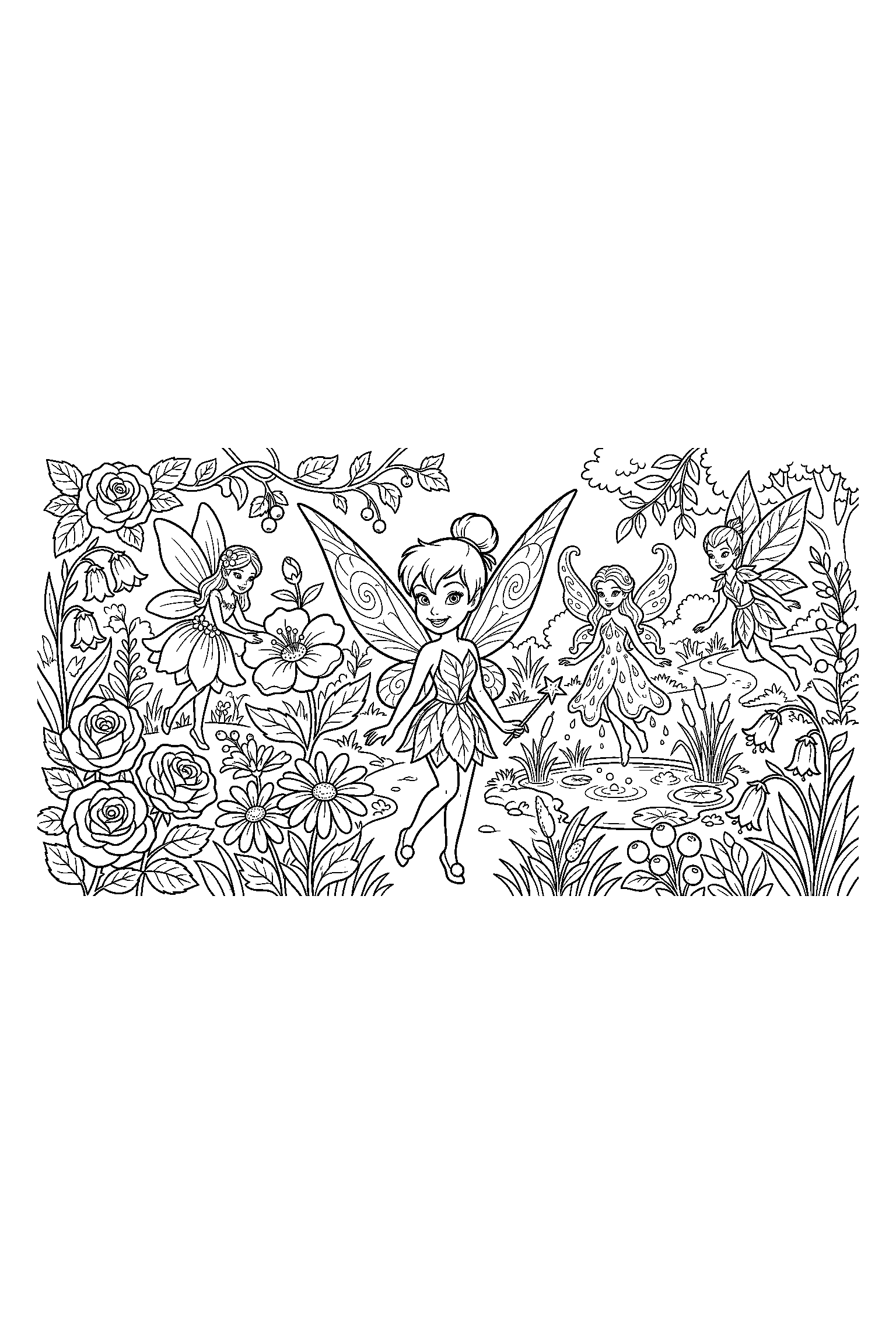 Coloriage Fée Clochette gratuit à imprimer - Clochette devant un fond décoré avec ailes Coloriage Fée Clochette gratuit à imprimer : Clochette devant un fond décoré avec ailes