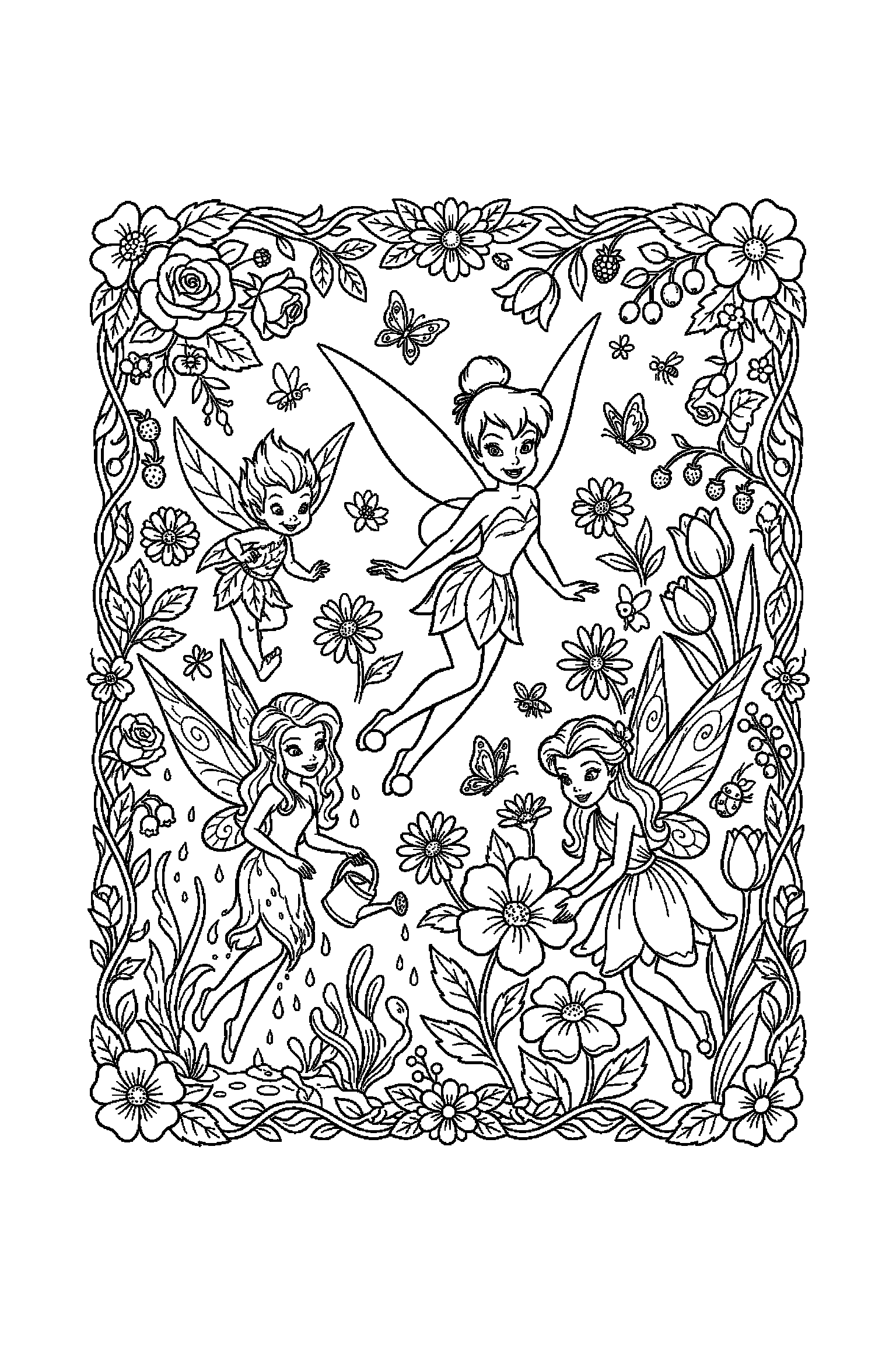 Coloriage Fée Clochette gratuit à imprimer : une fée des fleurs dans un cadre floral ou graphique