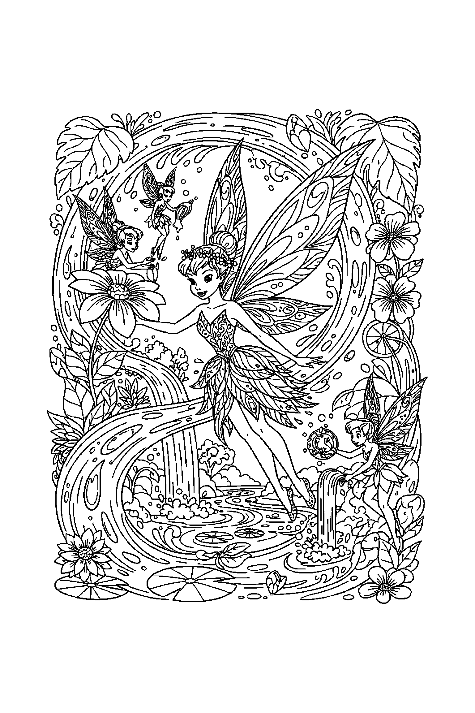 Coloriage Fée Clochette gratuit à imprimer : une fée des eaux en action avec décor détaillé