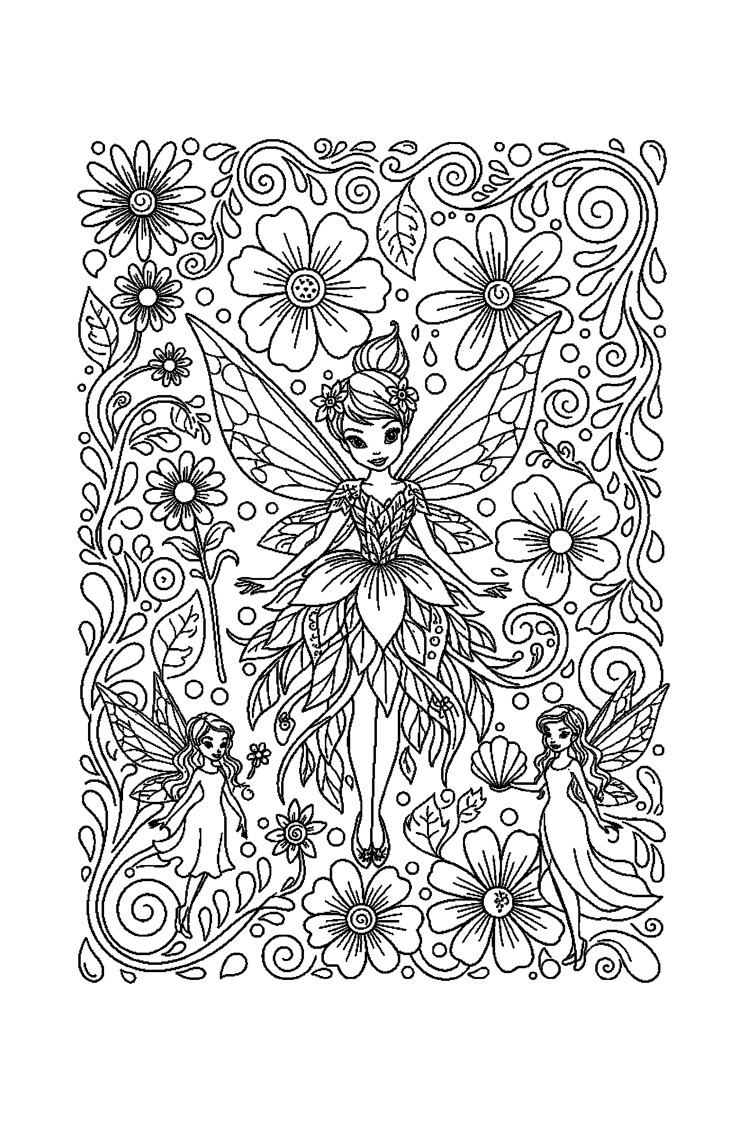Coloriage Fée Clochette gratuit à imprimer - une fée des fleurs entouré par des motifs fleurs Coloriage Fée Clochette gratuit à imprimer : une fée des fleurs entouré par des motifs fleurs