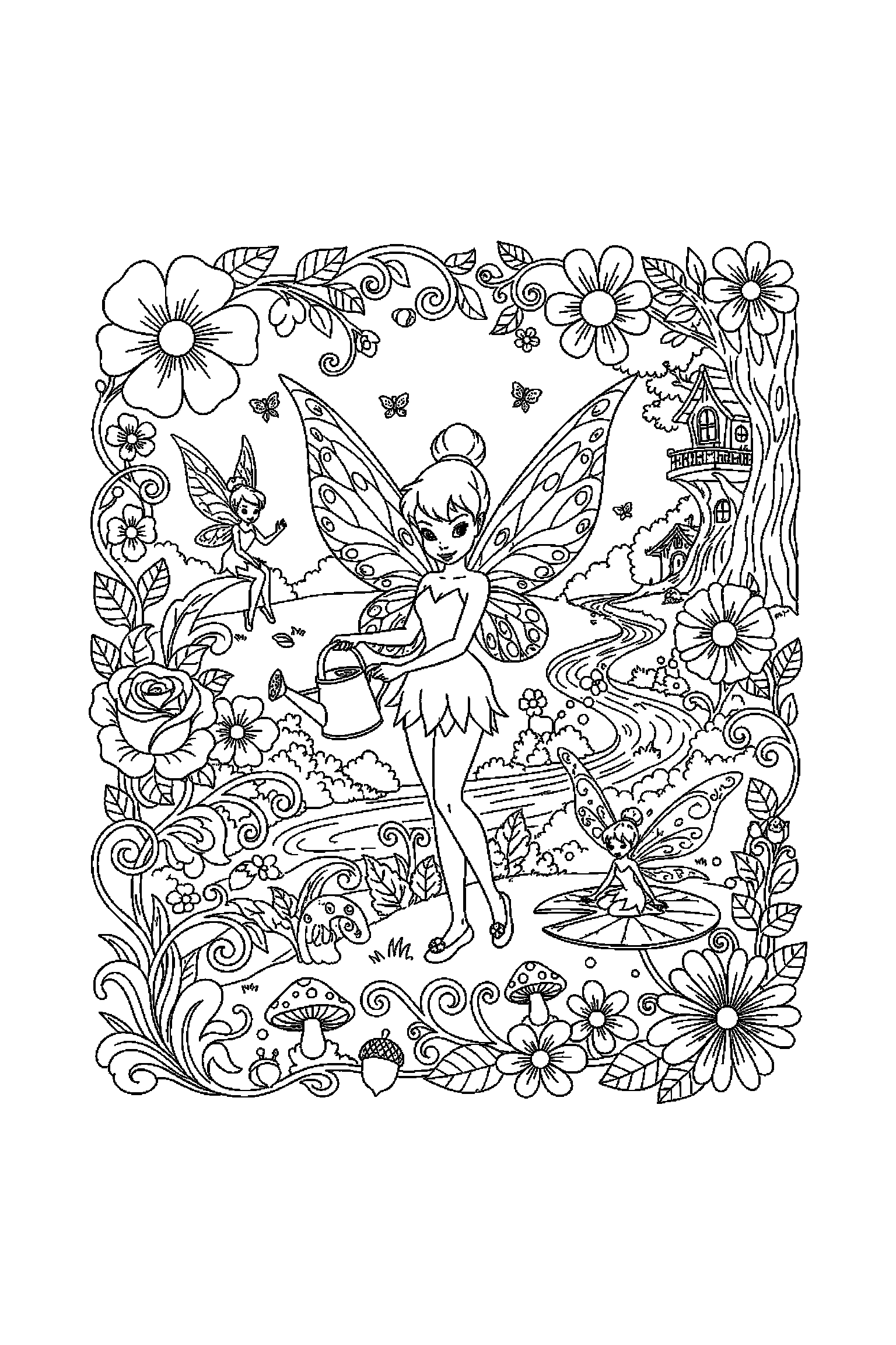 Coloriage Fée Clochette gratuit à imprimer : une fée jardinière avec une collection de petits éléments