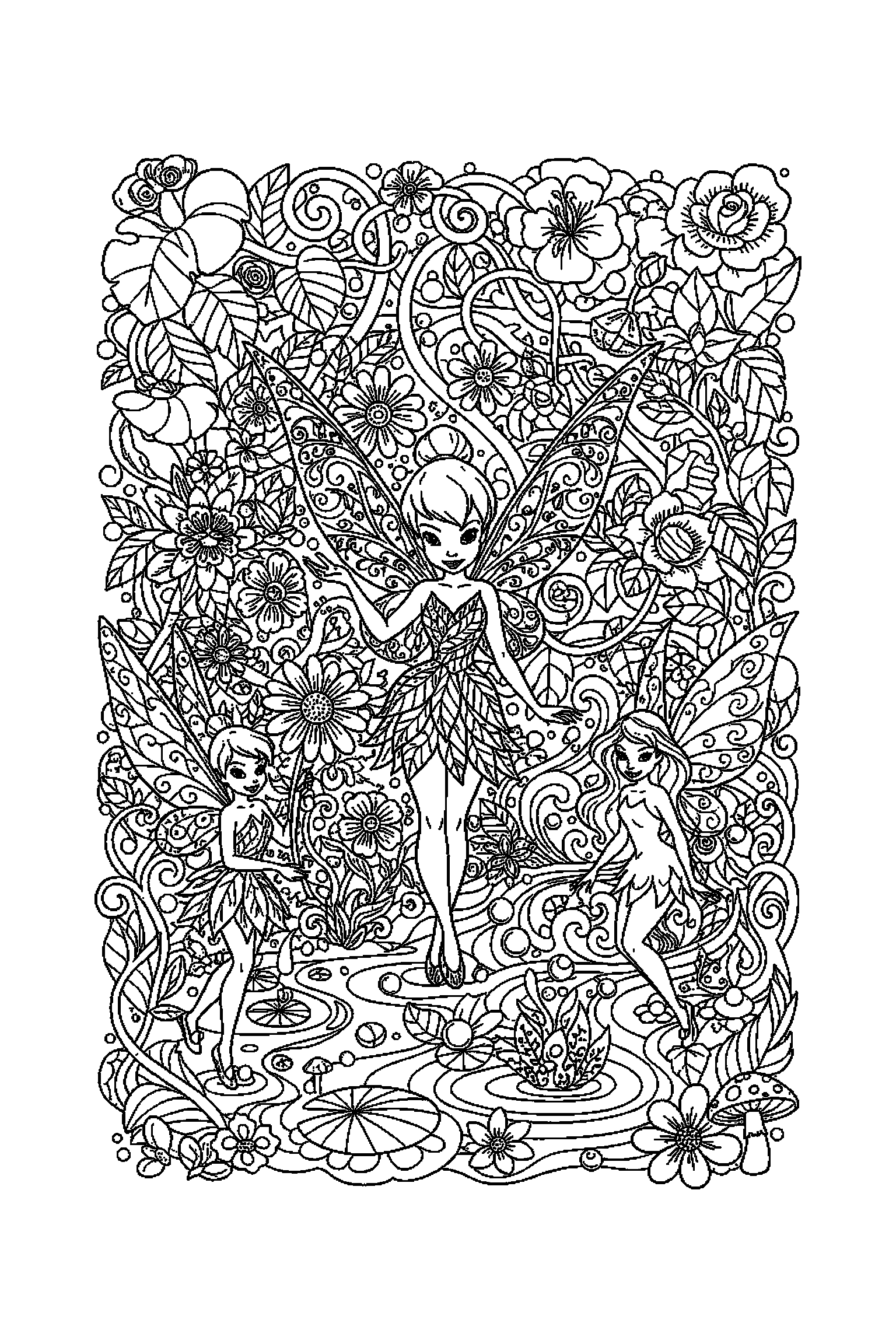 Coloriage Fée Clochette gratuit à imprimer : Clochette dans un grand décor très détaillé