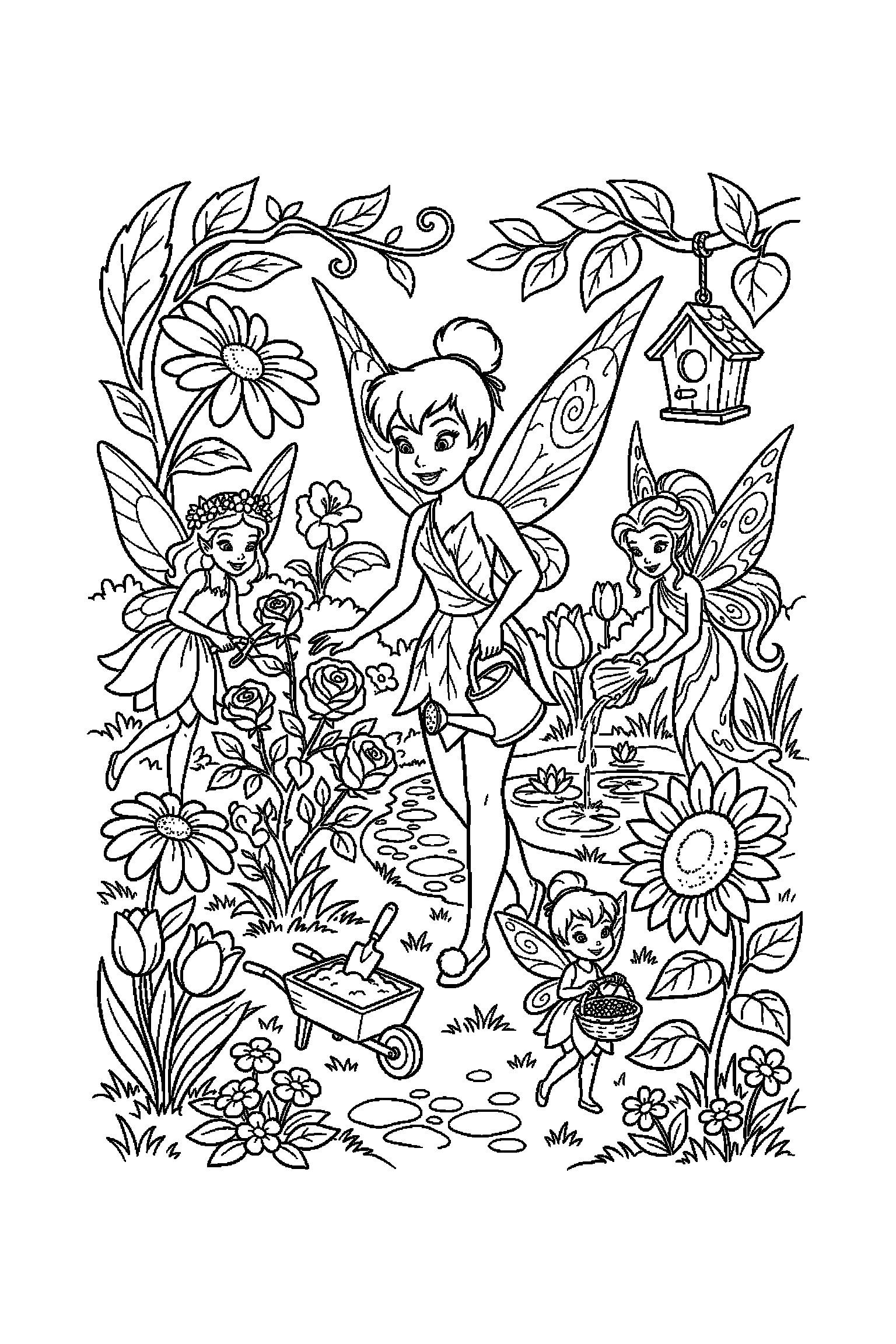 Coloriage Fée Clochette gratuit à imprimer - une fée jardinière dans une scène joyeuse Coloriage Fée Clochette gratuit à imprimer : une fée jardinière dans une scène joyeuse