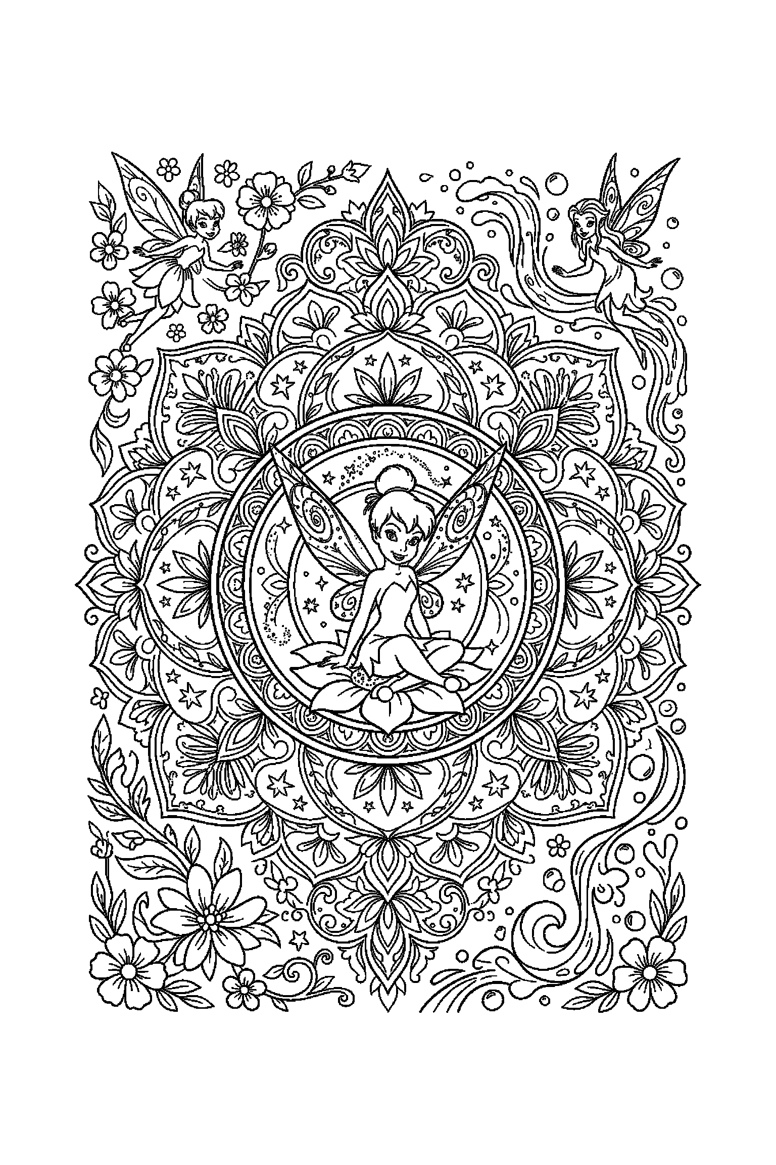 Coloriage Fée Clochette gratuit à imprimer : mandala Fée Clochette avec une petite fée au centre