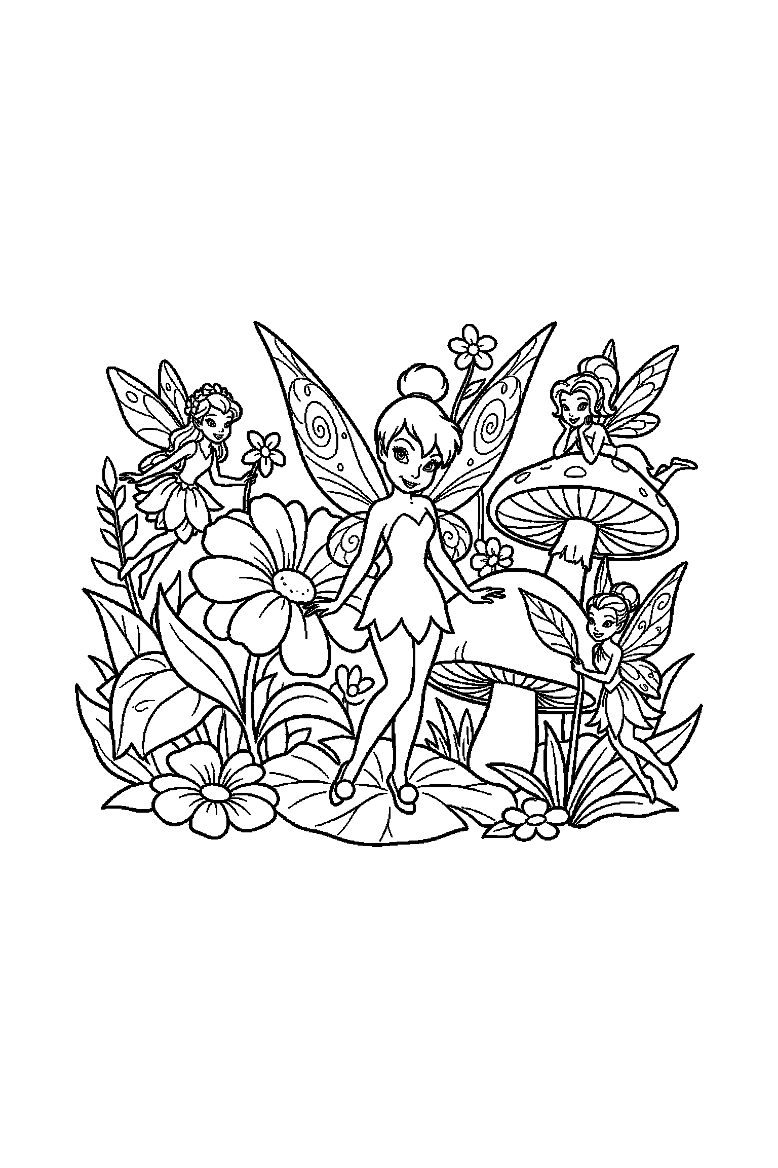 Coloriage Fée Clochette gratuit à imprimer - Clochette au milieu de grands éléments faciles Coloriage Fée Clochette gratuit à imprimer : Clochette au milieu de grands éléments faciles