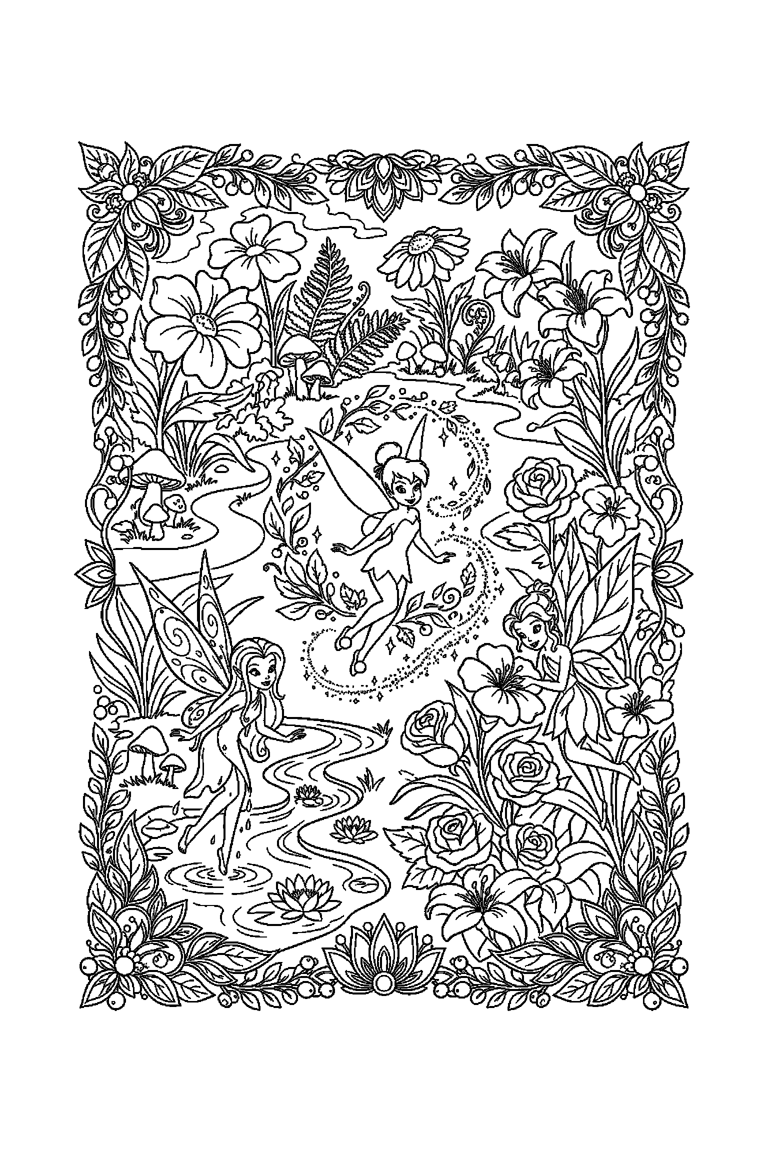 Coloriage Fée Clochette gratuit à imprimer : les fées de la vallée dans une scène panoramique à colorier