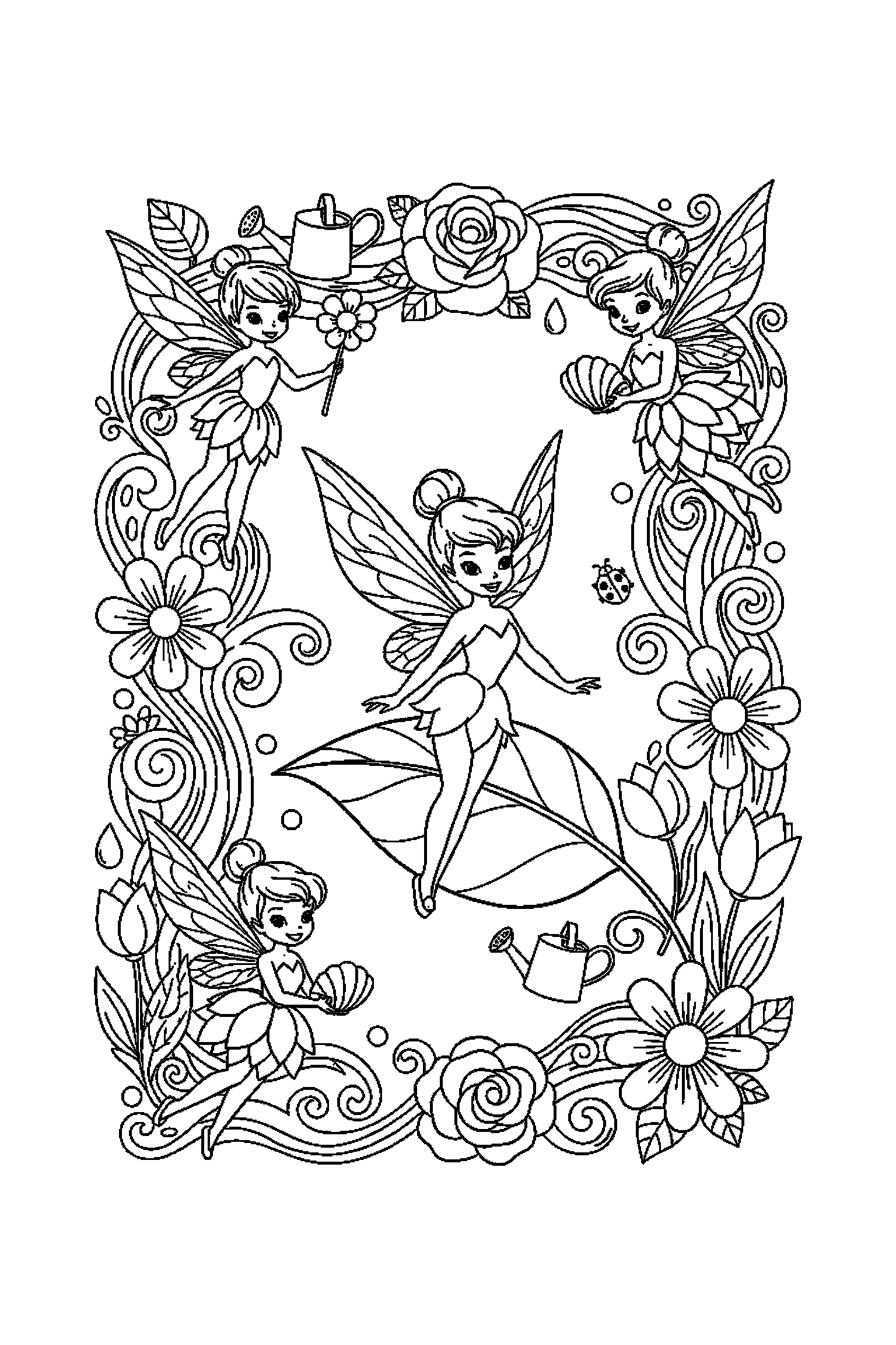 Coloriage Fée Clochette gratuit à imprimer - une petite fée avec une feuille sur un fond clair Coloriage Fée Clochette gratuit à imprimer : une petite fée avec une feuille sur un fond clair