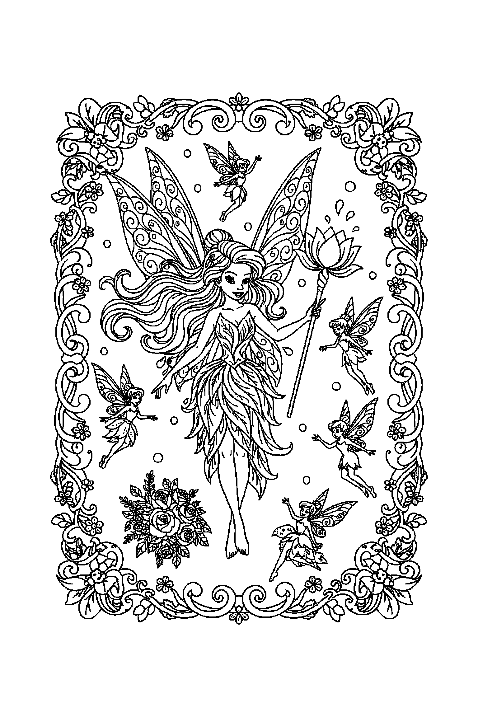 Coloriage Fée Clochette gratuit à imprimer : une fée des eaux avec un cadre ornemental plein de motifs