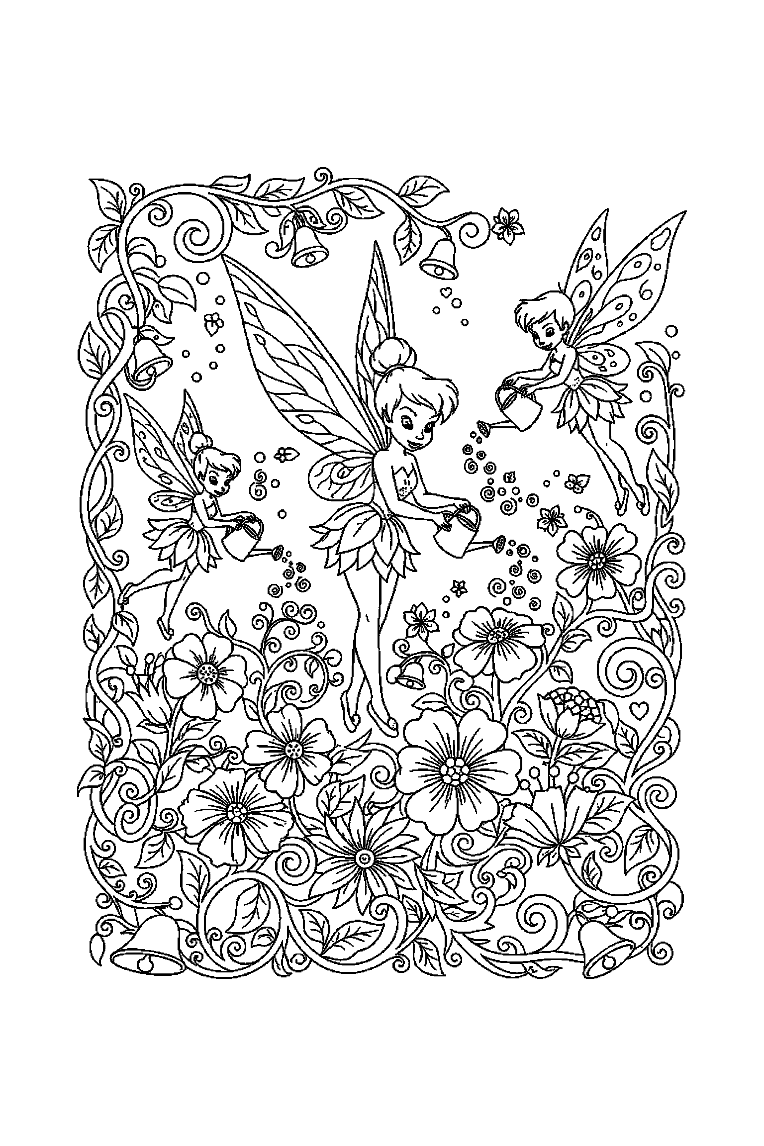 Coloriage Fée Clochette gratuit à imprimer : poster détaillé avec une fée jardinière et des motifs volutes