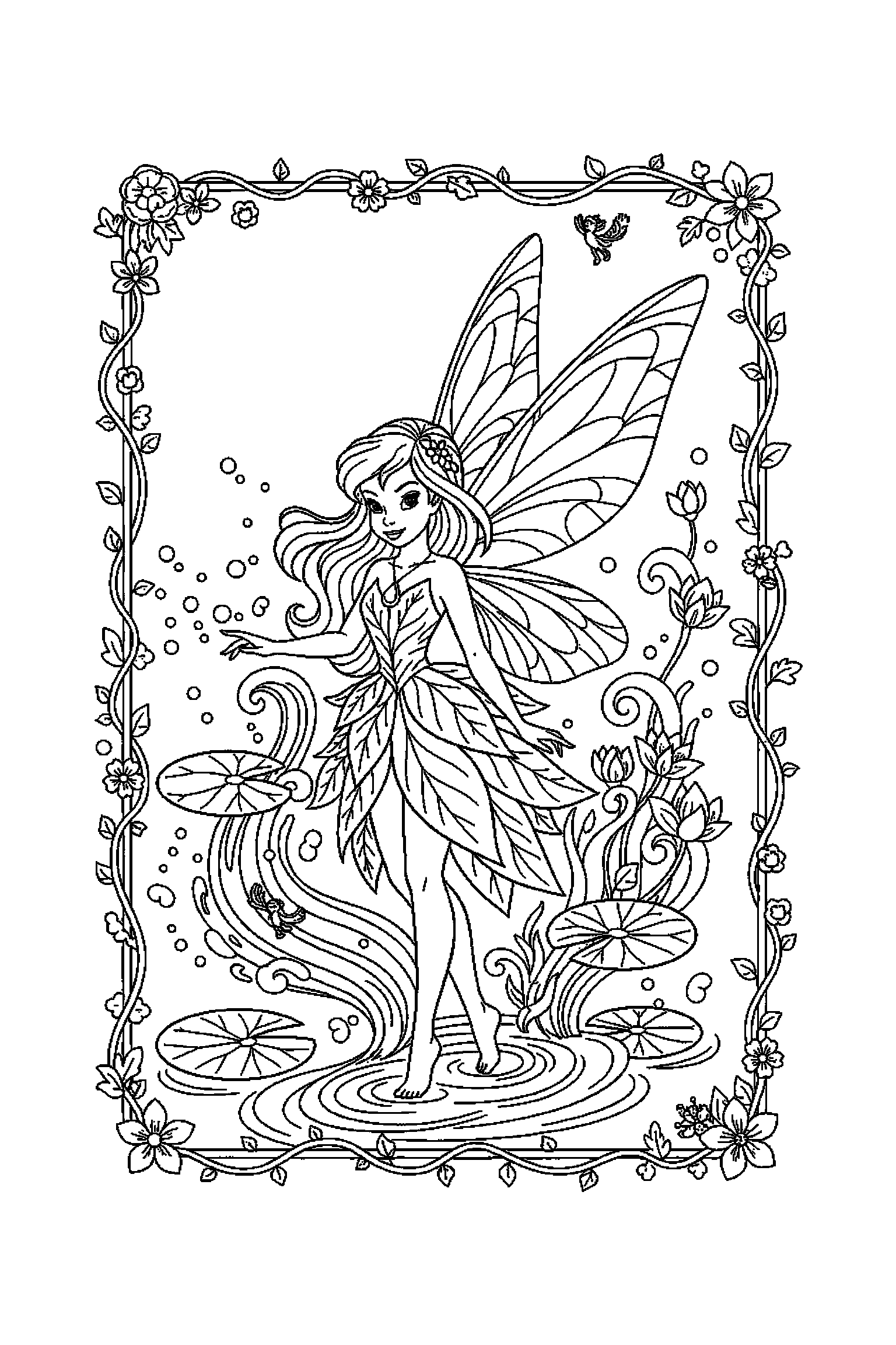 Coloriage Fée Clochette gratuit à imprimer - une fée des eaux dans un cadre décoratif léger Coloriage Fée Clochette gratuit à imprimer : une fée des eaux dans un cadre décoratif léger