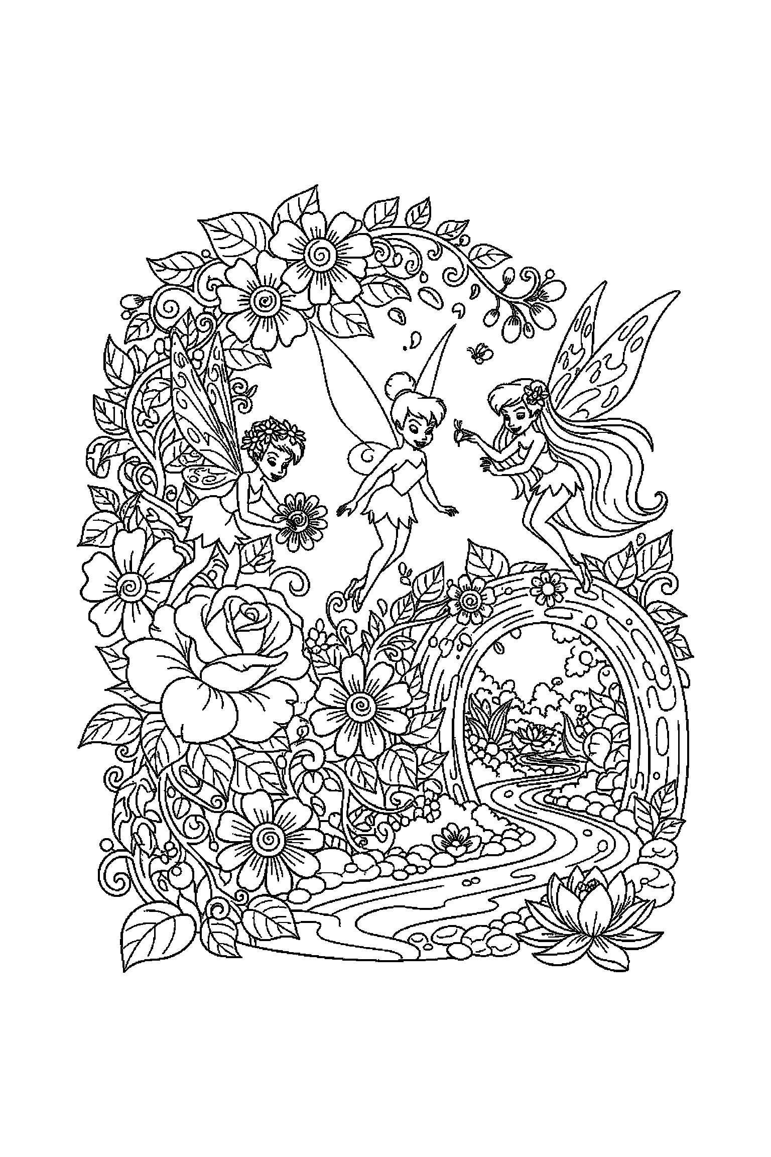 Coloriage Fée Clochette gratuit à imprimer - Clochette dans un jardin fleuri avec plusieurs détails Coloriage Fée Clochette gratuit à imprimer : Clochette dans un jardin fleuri avec plusieurs détails