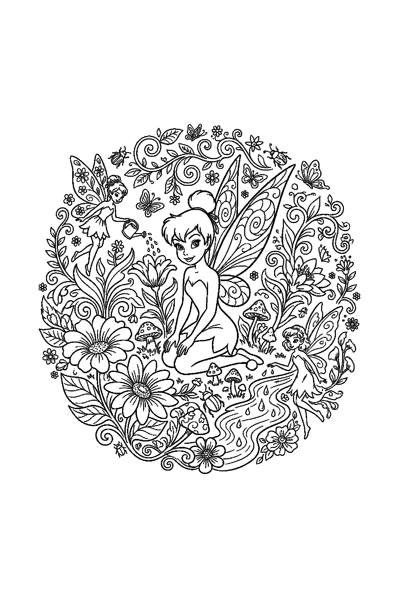 Coloriage Fée Clochette gratuit à imprimer : Clochette dans un jardin fleuri avec nombreux petits éléments
