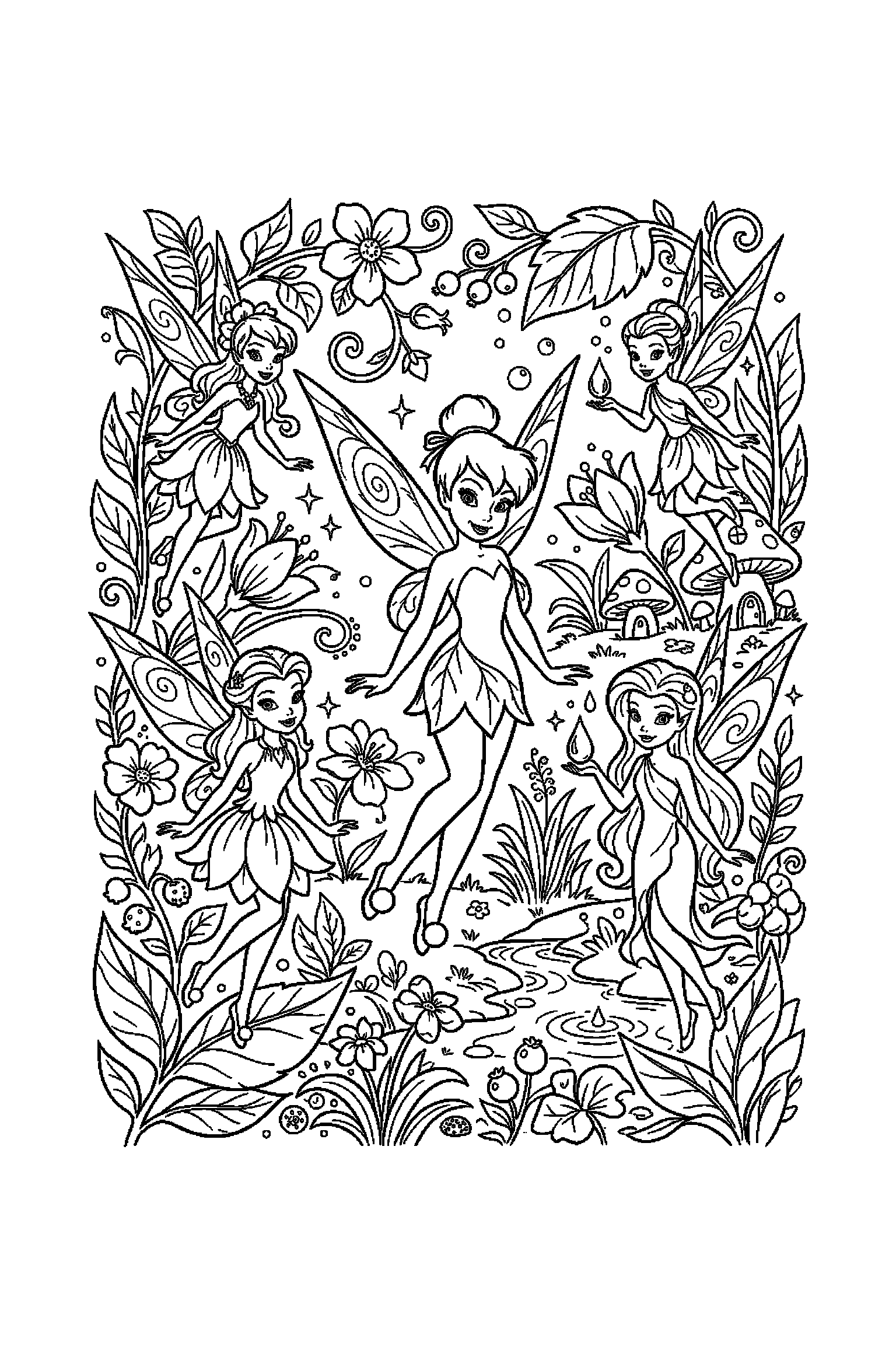 Coloriage Fée Clochette gratuit à imprimer - une petite fée entouré par des motifs feuilles et de petits objets Coloriage Fée Clochette gratuit à imprimer : une petite fée entouré par des motifs feuilles et de petits objets