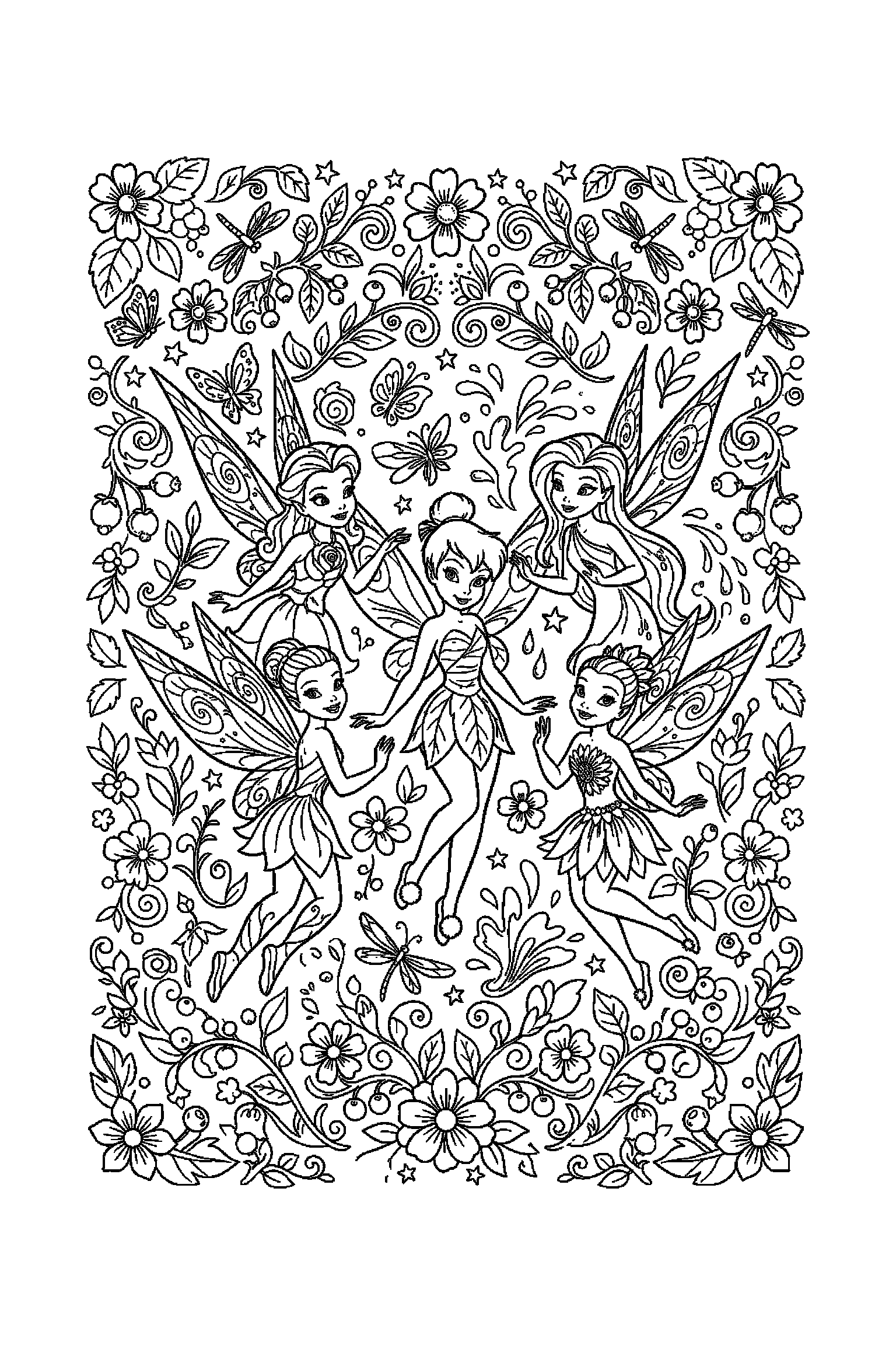 Coloriage Fée Clochette gratuit à imprimer : les fées de la vallée entouré de motifs répétitifs