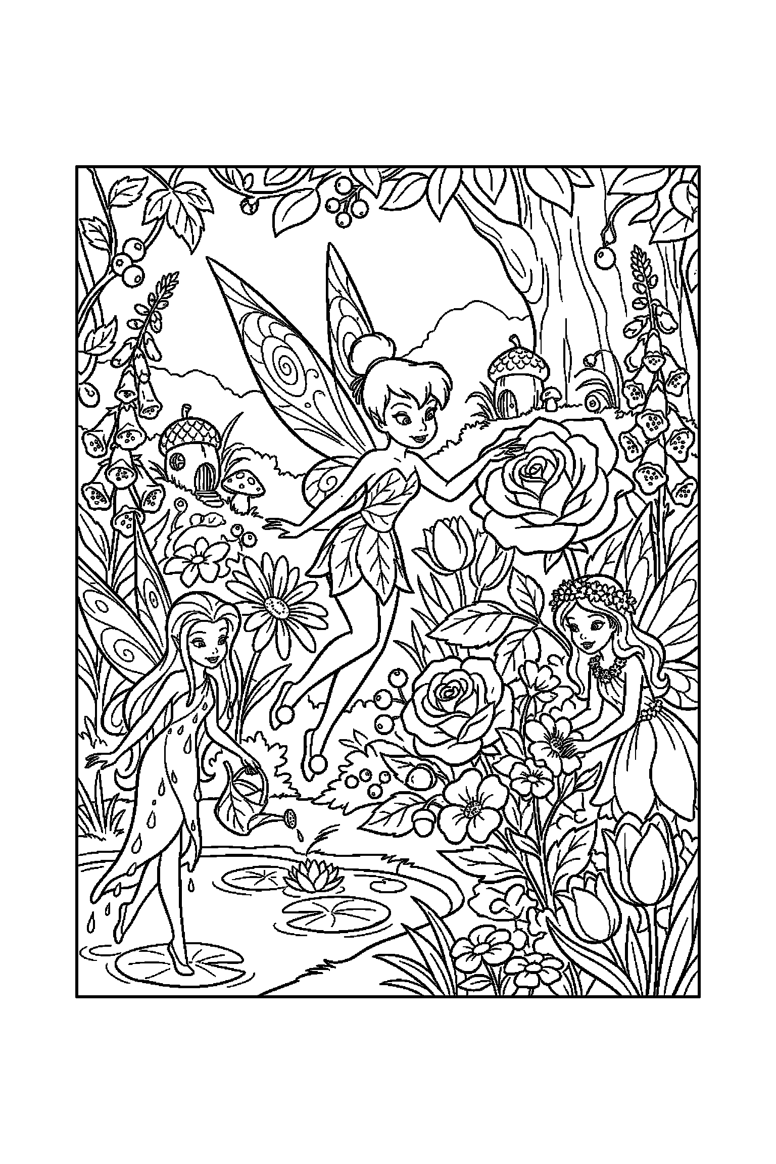 Coloriage Fée Clochette gratuit à imprimer - scène verticale avec une fée des fleurs et les fées de la vallée Coloriage Fée Clochette gratuit à imprimer : scène verticale avec une fée des fleurs et les fées de la vallée