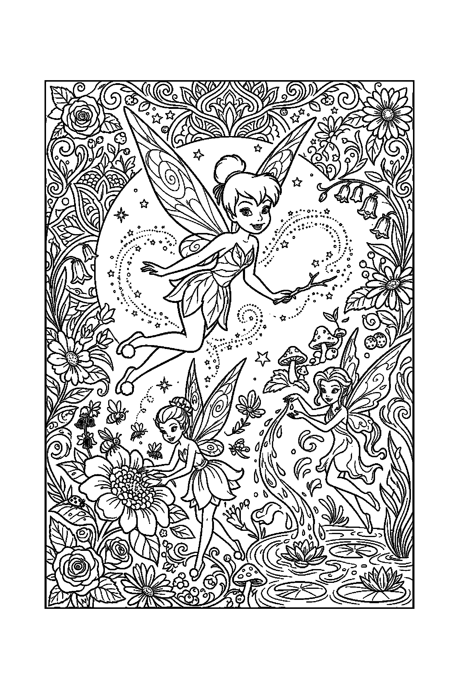 Coloriage Fée Clochette gratuit à imprimer : une fée des fleurs dans une scène d'action complexe