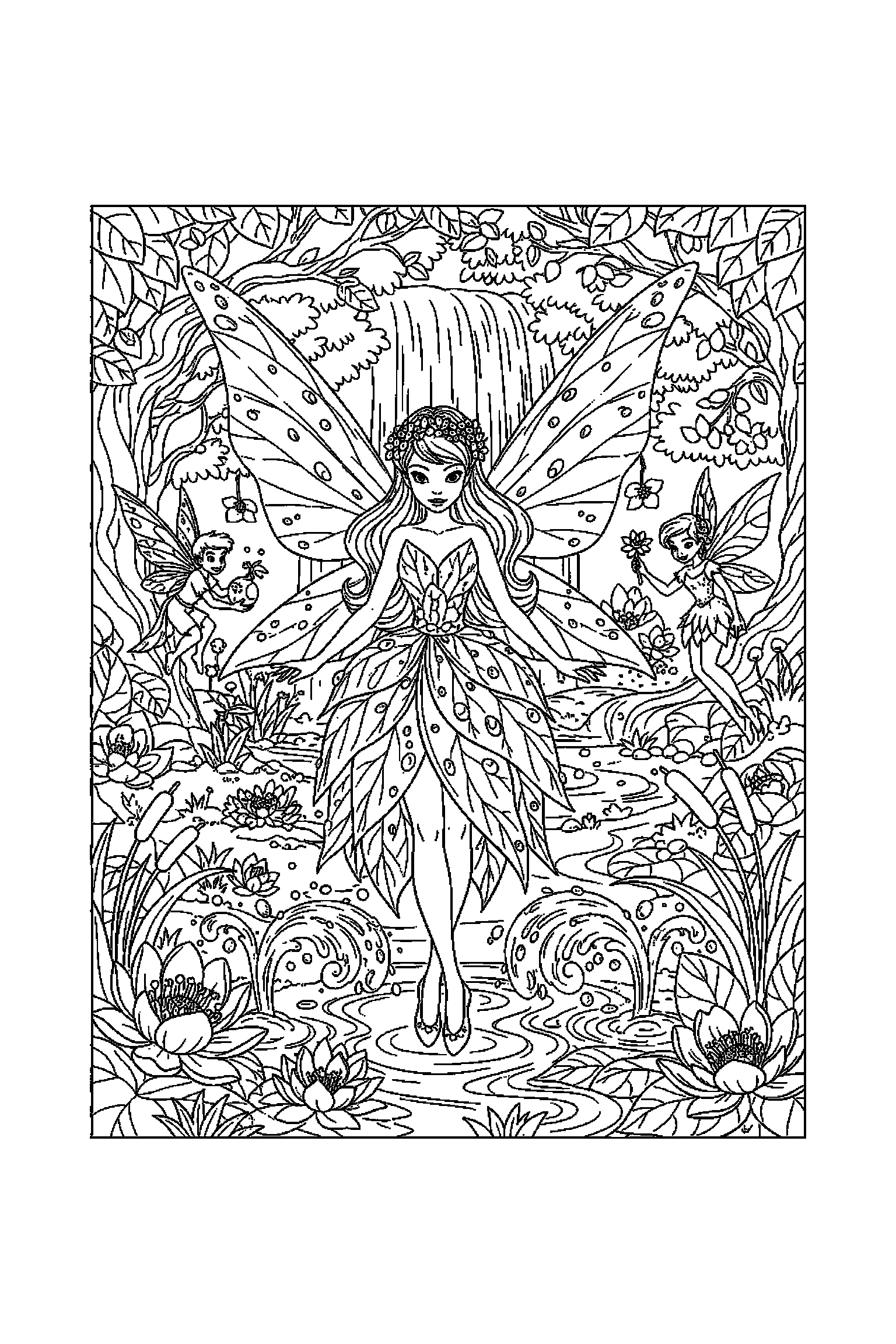 Coloriage Fée Clochette gratuit à imprimer - une fée des eaux au centre d'un décor riche mais lisible Coloriage Fée Clochette gratuit à imprimer : une fée des eaux au centre d'un décor riche mais lisible