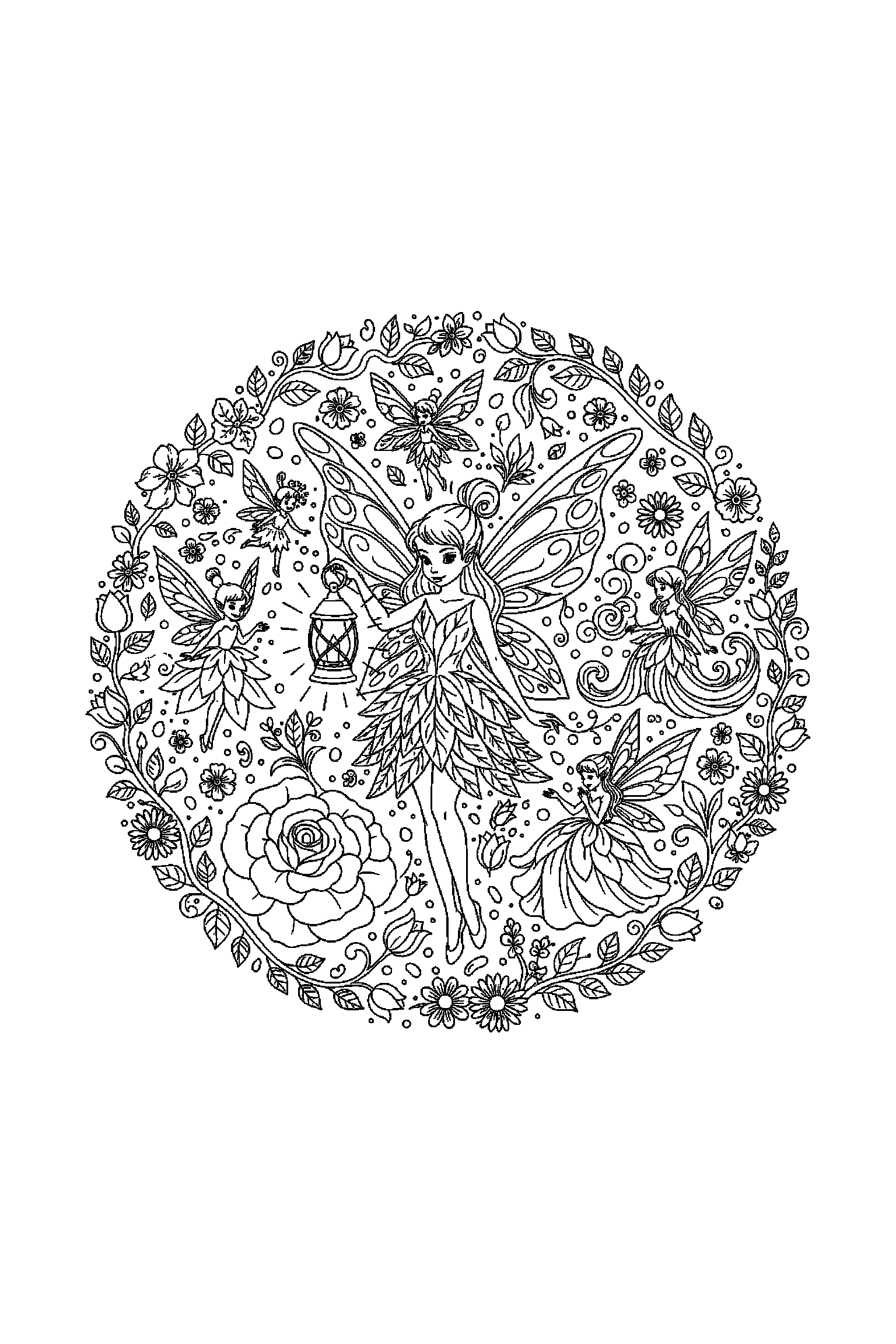 Coloriage Fée Clochette gratuit à imprimer : composition A4 dense avec une fée des eaux et une lanterne