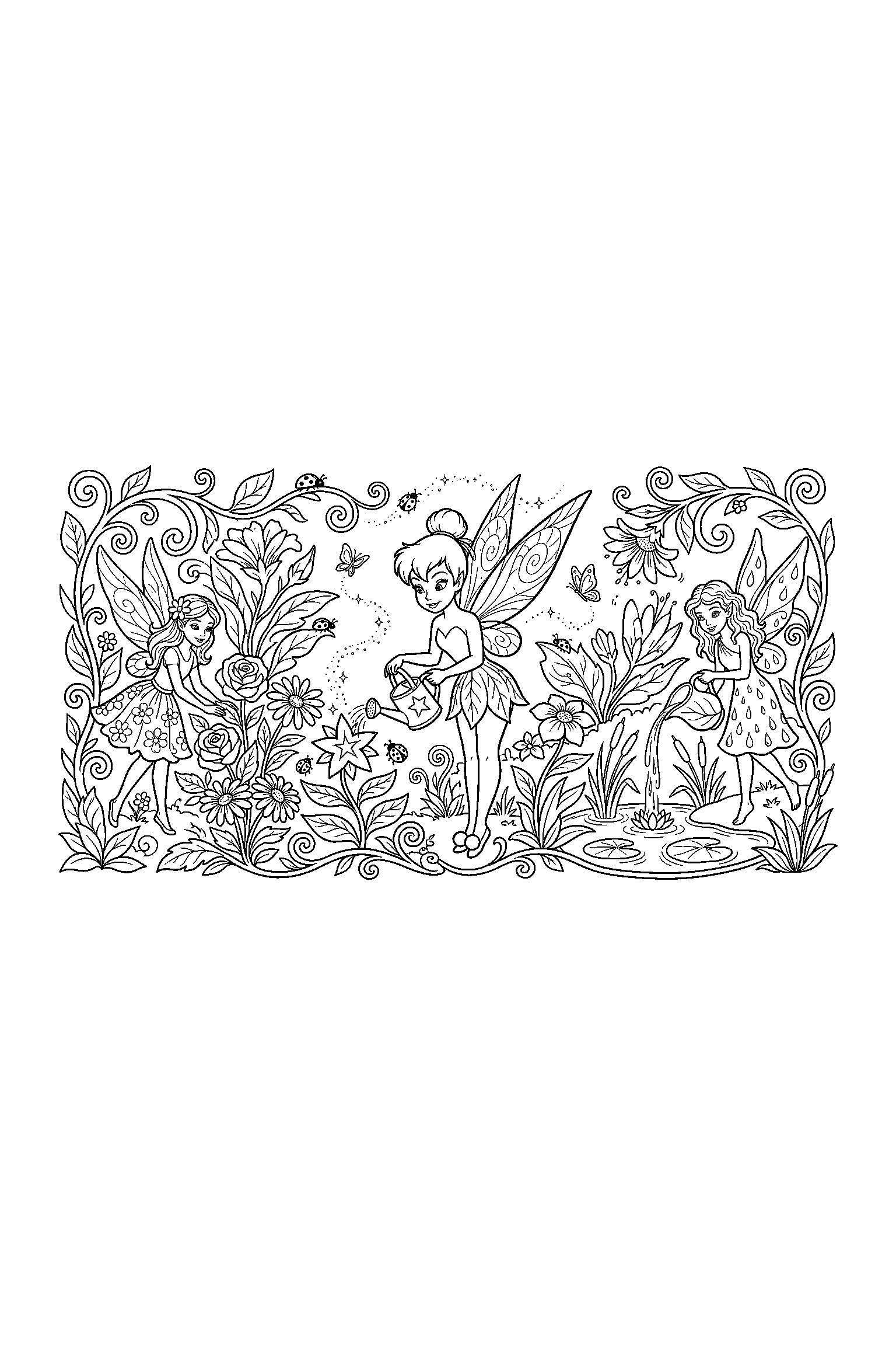 Coloriage Fée Clochette gratuit à imprimer - une fée jardinière avec une étoile, volutes et arrière-plan complet Coloriage Fée Clochette gratuit à imprimer : une fée jardinière avec une étoile, volutes et arrière-plan complet