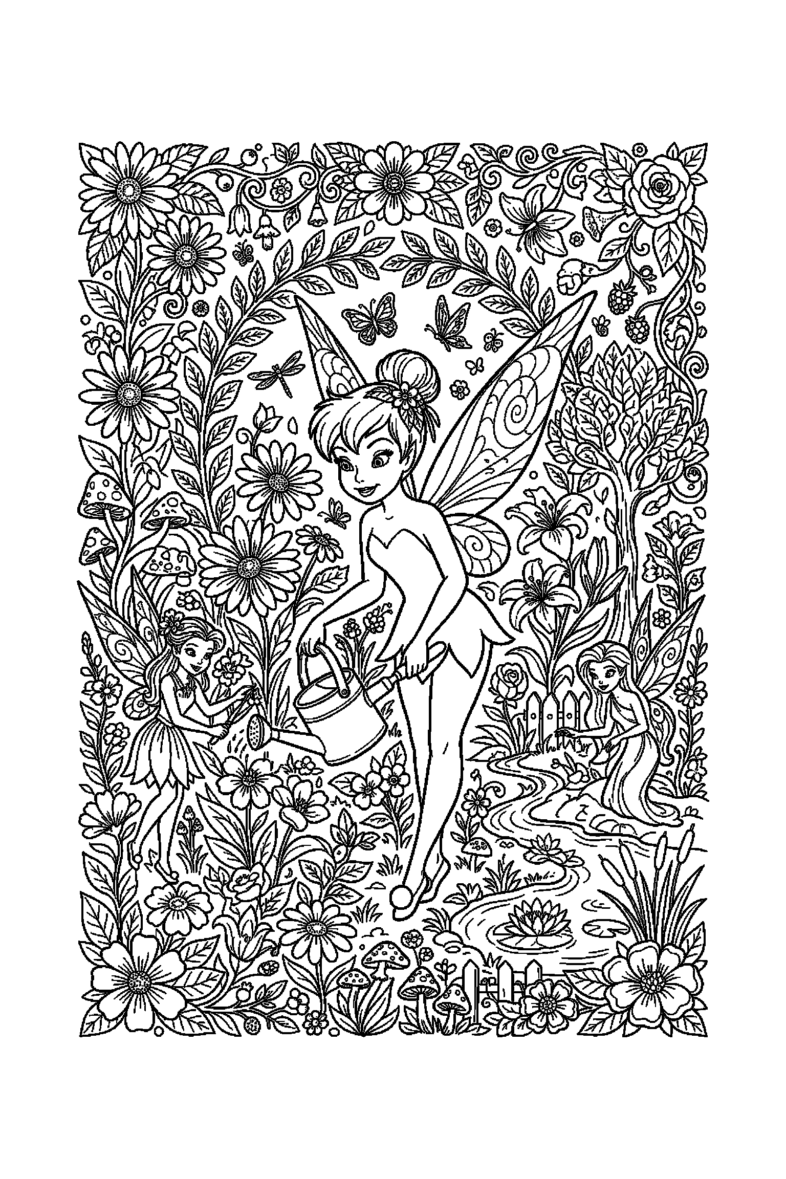 Coloriage Fée Clochette gratuit à imprimer : une fée jardinière au milieu d'un décor complet de Disney Fairies