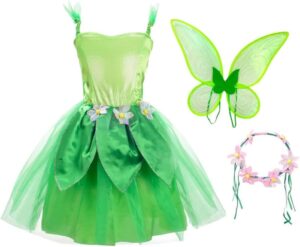 Costume Fée Clochette enfant, robe verte avec couronne de fleurs
