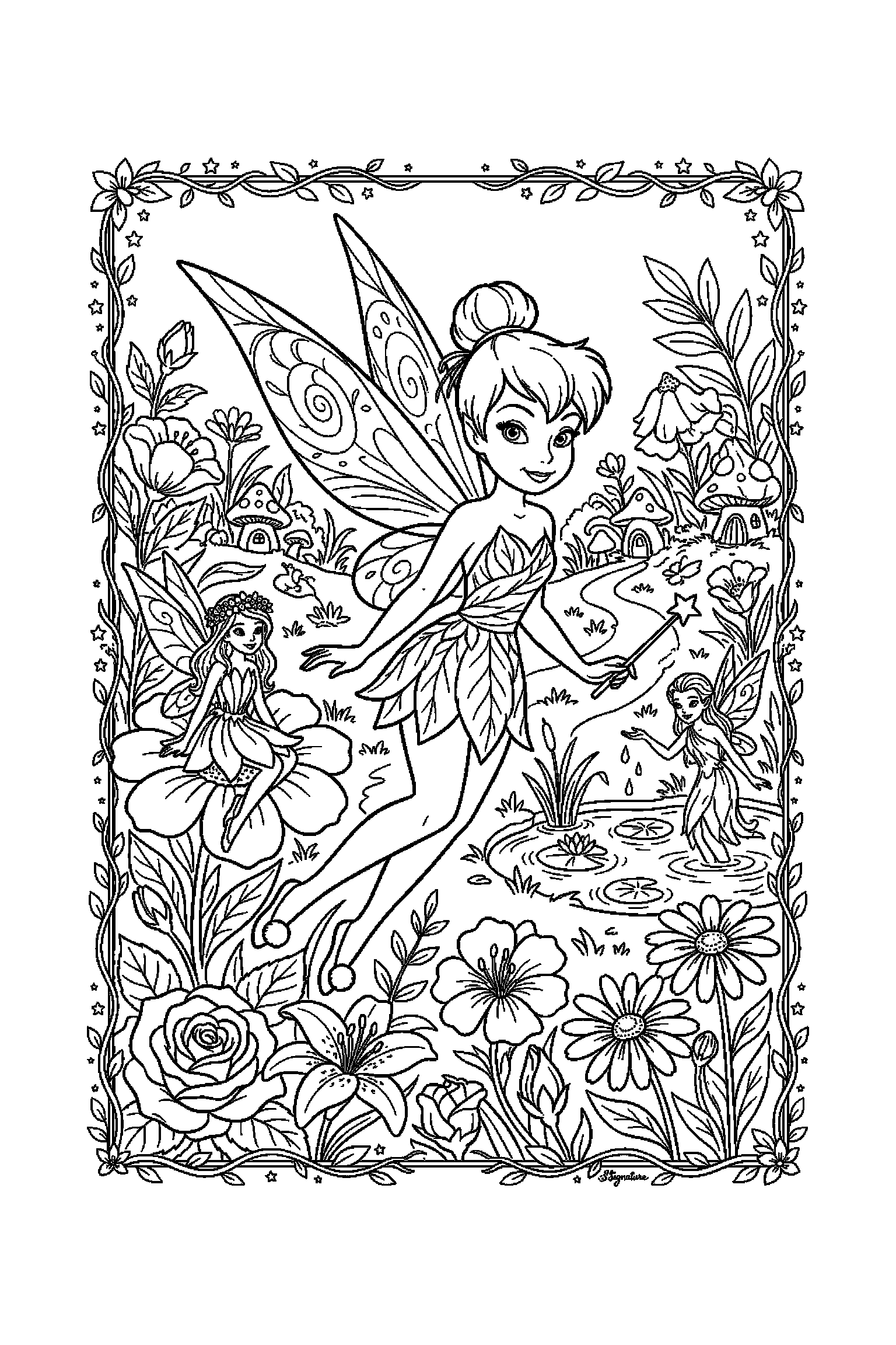Coloriage Fée Clochette gratuit à imprimer - Clochette avec décor détaillé de un jardin fleuri Coloriage Fée Clochette gratuit à imprimer : Clochette avec décor détaillé de un jardin fleuri