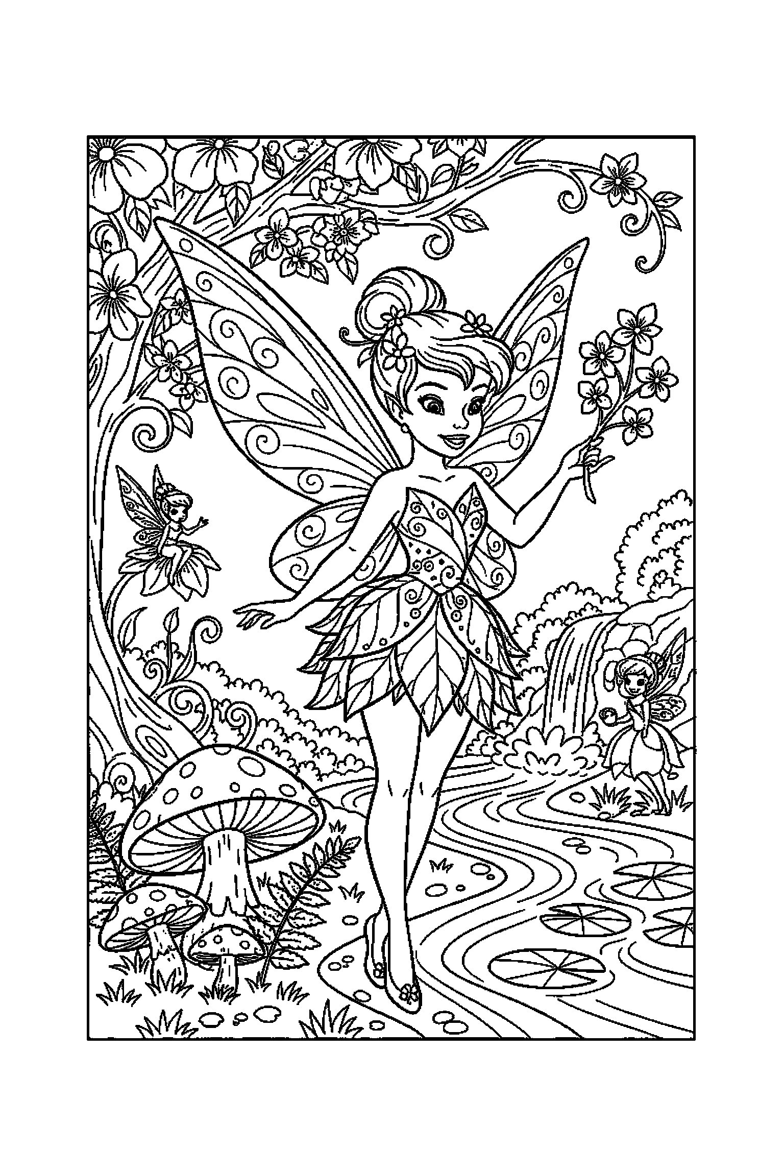 Coloriage Fée Clochette gratuit à imprimer - portrait détaillé de une petite fée avec motifs feuilles Coloriage Fée Clochette gratuit à imprimer : portrait détaillé de une petite fée avec motifs feuilles
