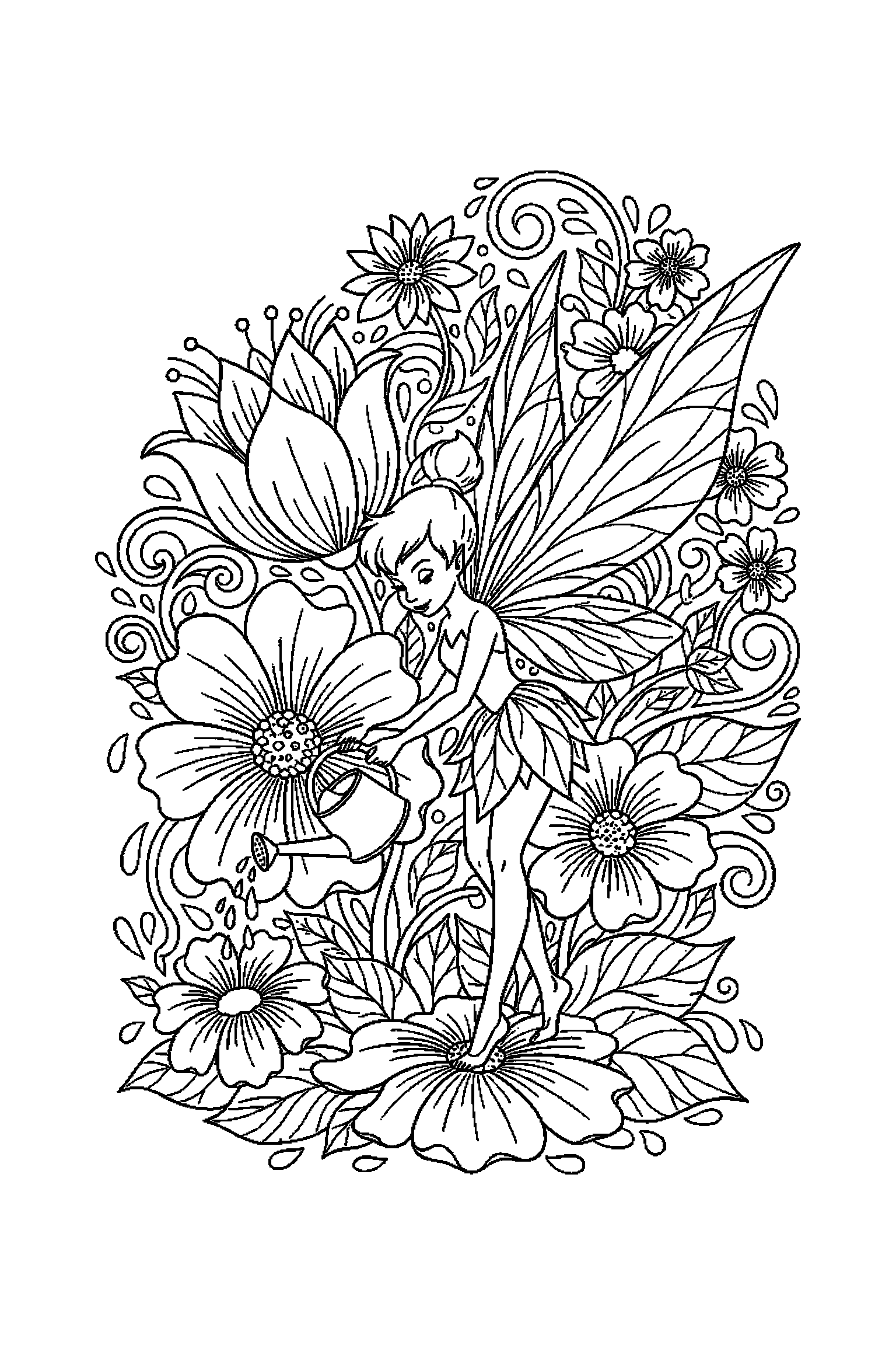 Coloriage Fée Clochette gratuit à imprimer - une fée des fleurs dans une scène verticale avec une fleur Coloriage Fée Clochette gratuit à imprimer : une fée des fleurs dans une scène verticale avec une fleur