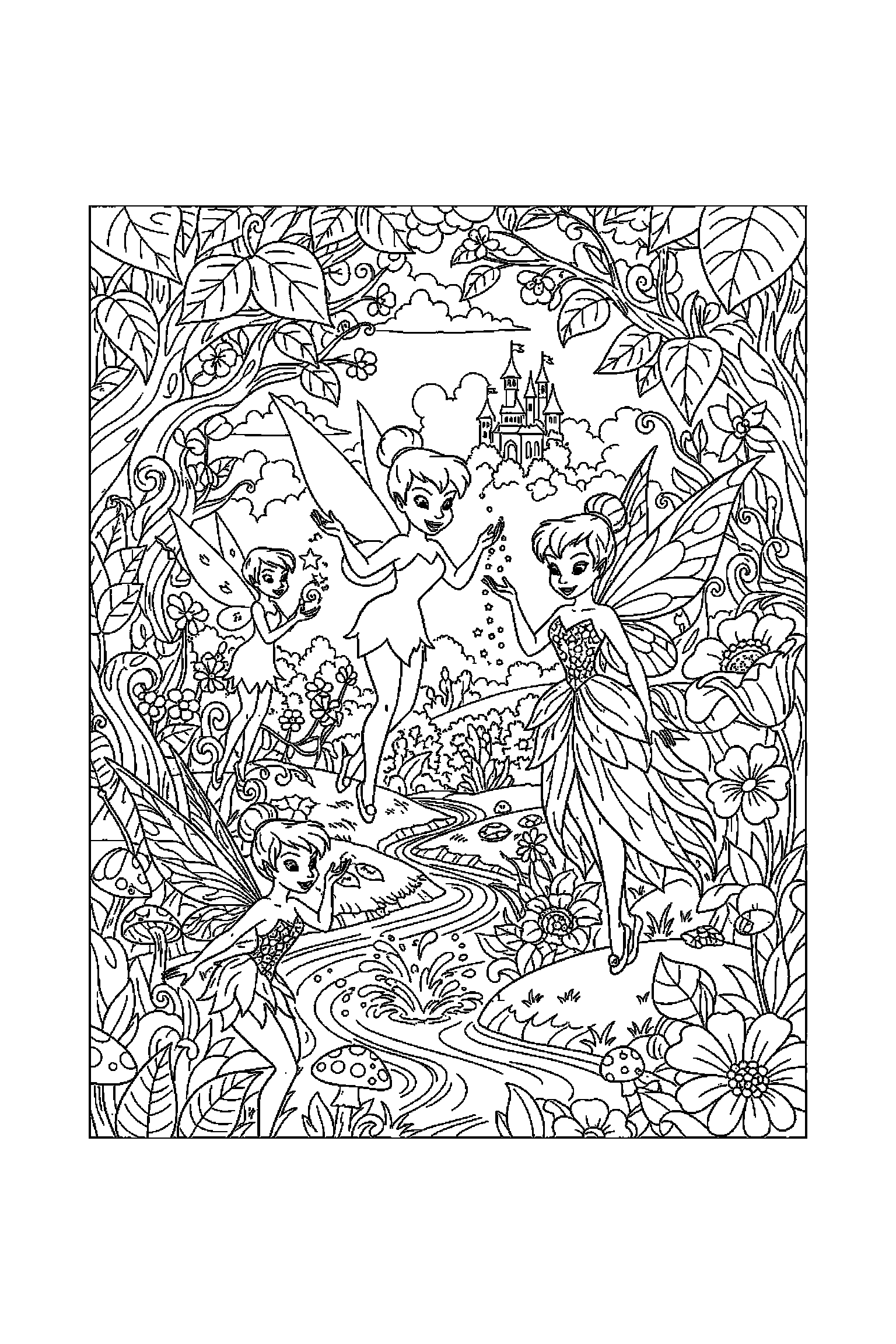 Coloriage Fée Clochette gratuit à imprimer - les fées de la vallée avec arrière-plan complet à colorier Coloriage Fée Clochette gratuit à imprimer : les fées de la vallée avec arrière-plan complet à colorier