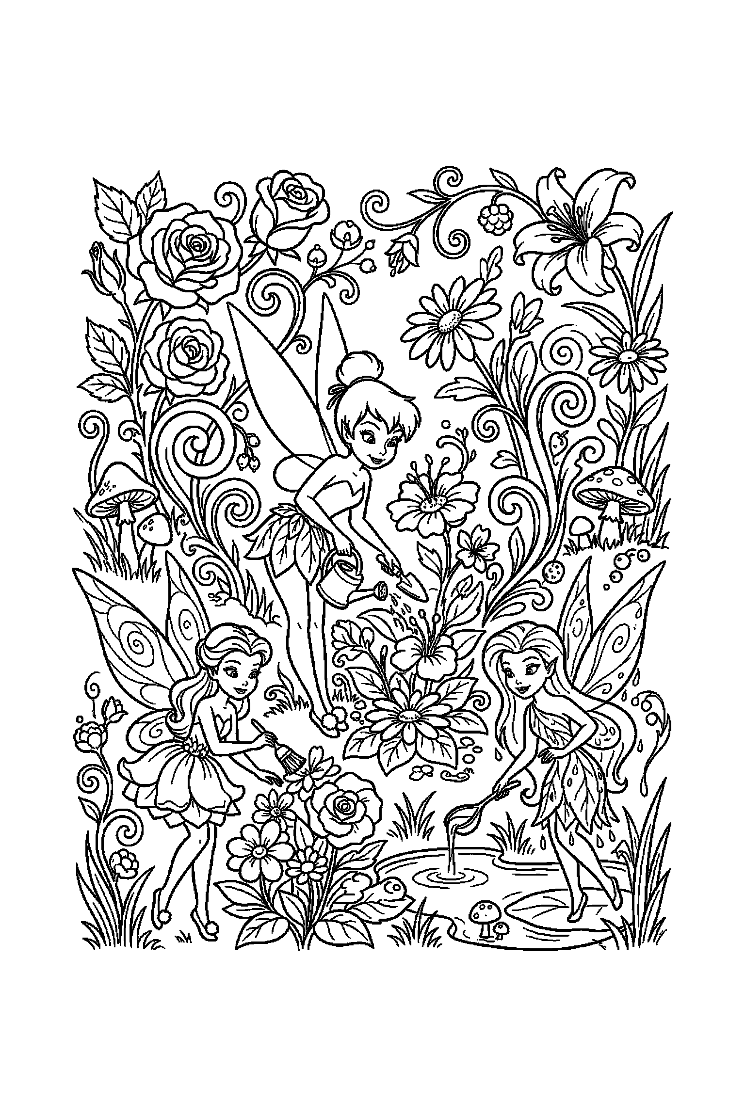 Coloriage Fée Clochette gratuit à imprimer - une fée jardinière entouré de volutes et petits détails Coloriage Fée Clochette gratuit à imprimer : une fée jardinière entouré de volutes et petits détails