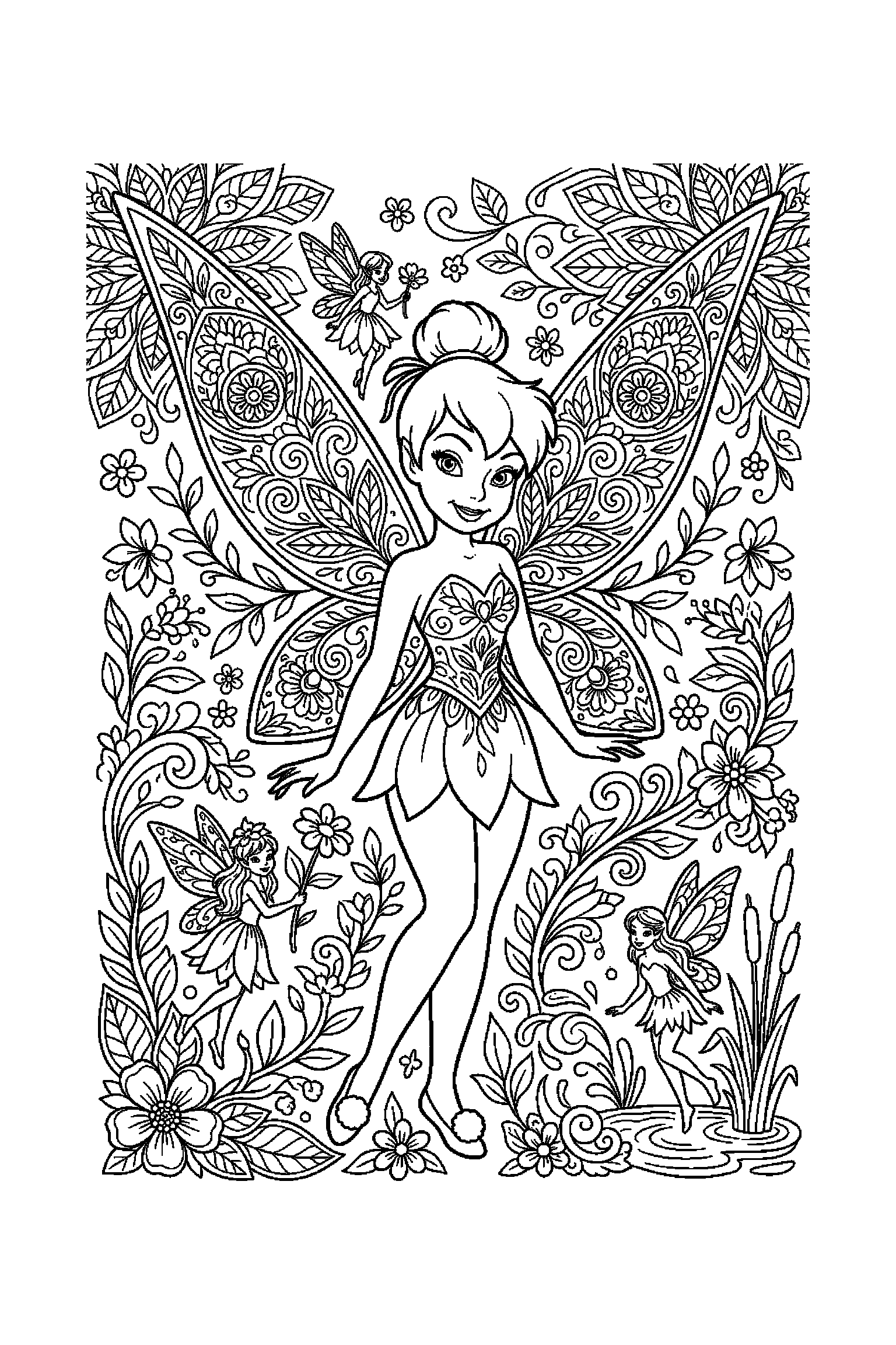 Coloriage Fée Clochette gratuit à imprimer - poster A4 détaillé de Clochette avec mandala ailes Coloriage Fée Clochette gratuit à imprimer : poster A4 détaillé de Clochette avec mandala ailes