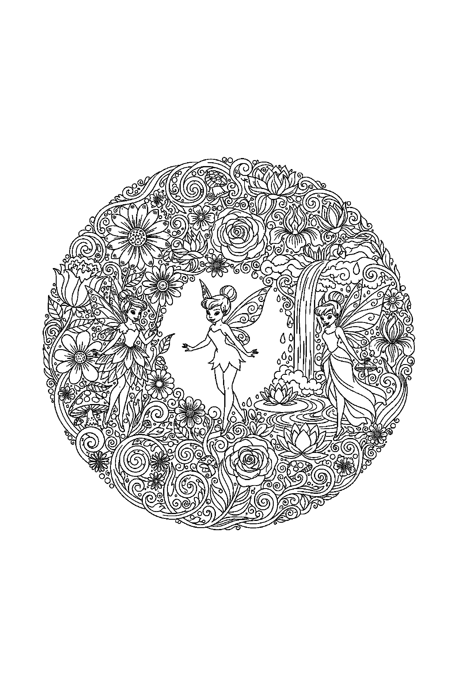 Coloriage Fée Clochette gratuit à imprimer - une petite fée au centre avec scène détaillée de une clairière Coloriage Fée Clochette gratuit à imprimer : une petite fée au centre avec scène détaillée de une clairière
