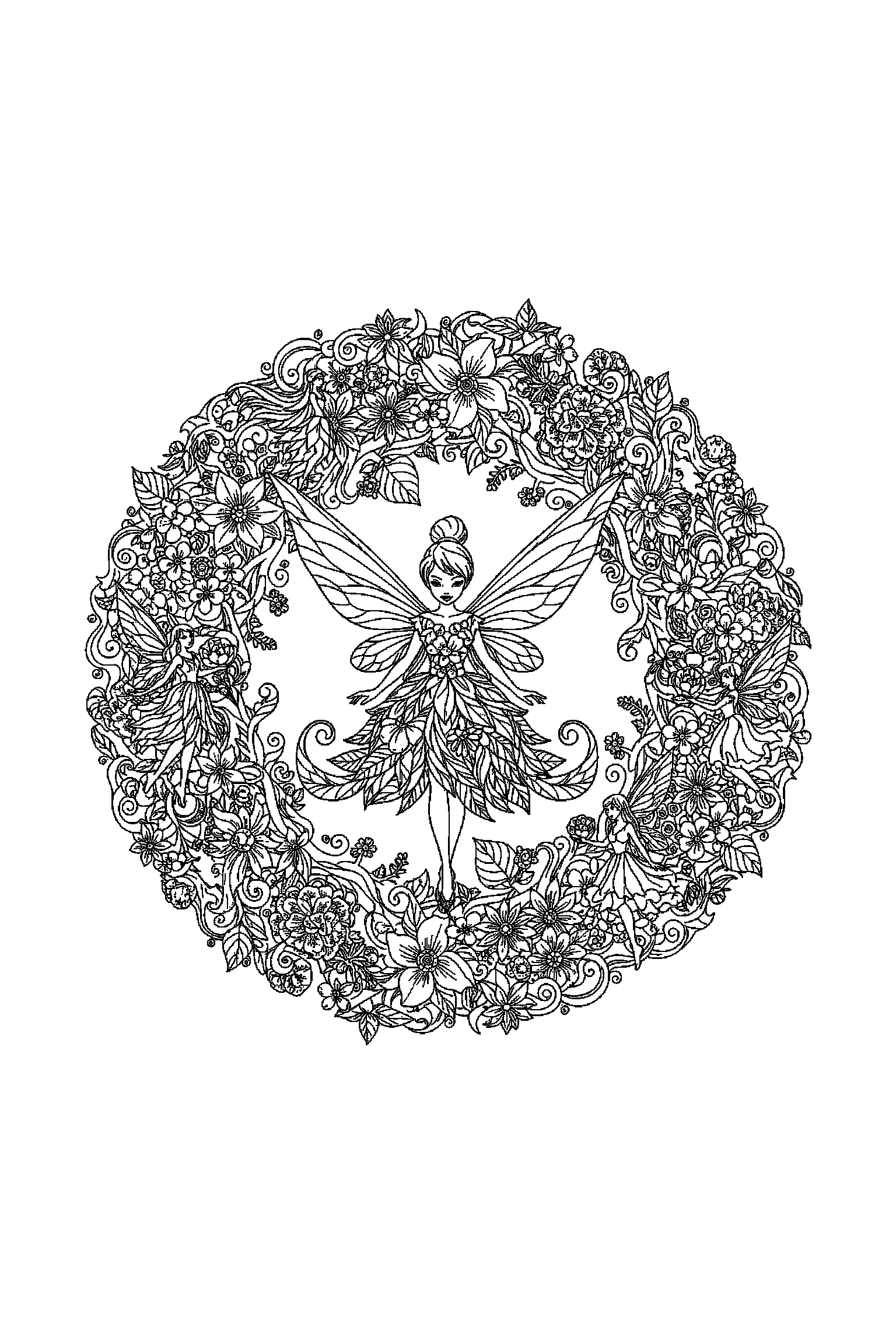 Coloriage Fée Clochette gratuit à imprimer - motif difficile de fleurs autour de une fée des fleurs Coloriage Fée Clochette gratuit à imprimer : motif difficile de fleurs autour de une fée des fleurs
