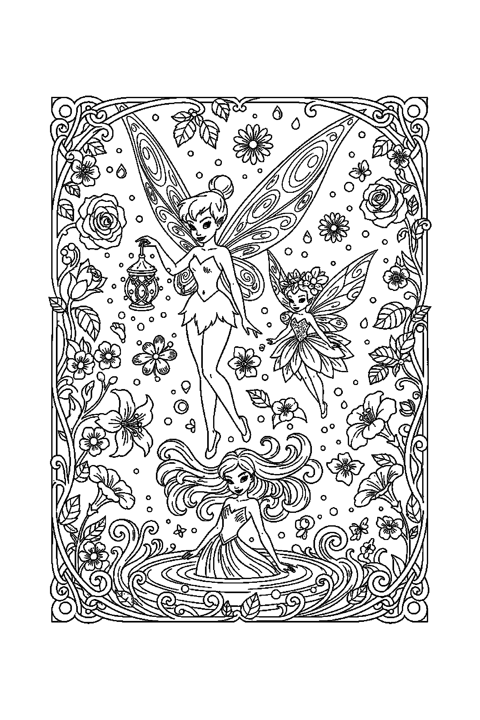 Coloriage Fée Clochette gratuit à imprimer - scène verticale détaillée avec une fée des eaux et une lanterne Coloriage Fée Clochette gratuit à imprimer : scène verticale détaillée avec une fée des eaux et une lanterne