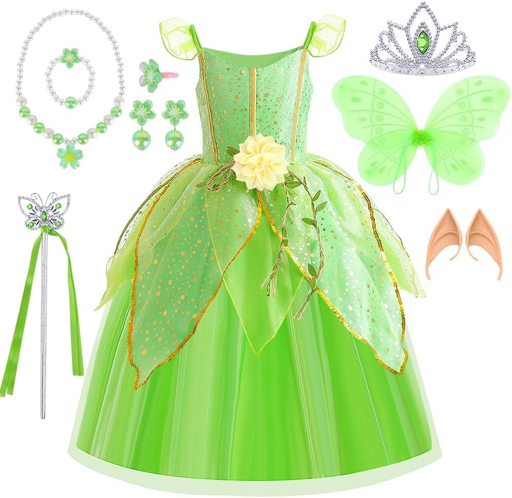 Déguisement Fée Clochette Tinkerbell vert avec ailes et 8 accessoires