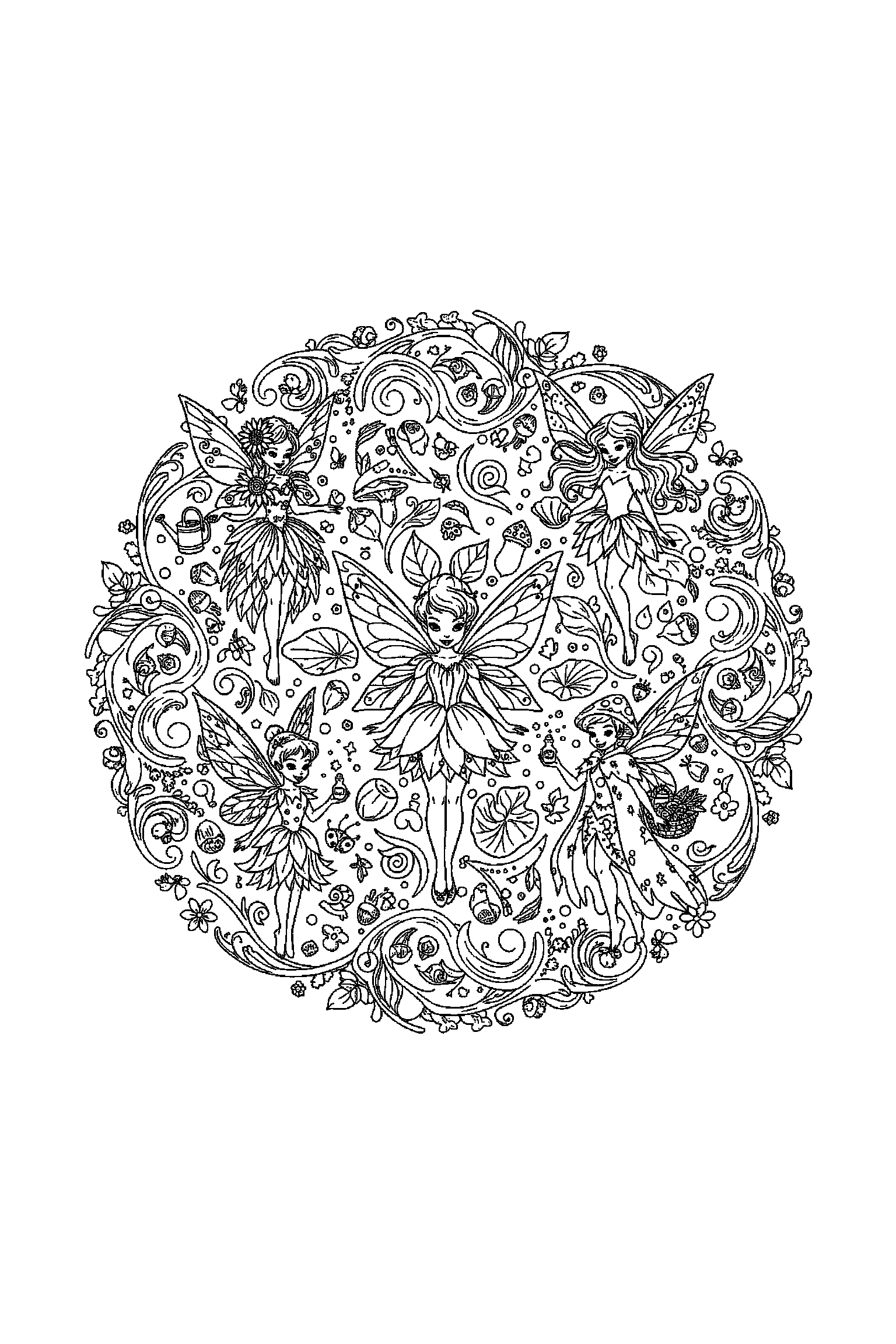 Coloriage Fée Clochette gratuit à imprimer - grand coloriage détaillé de une fée jardinière avec volutes Coloriage Fée Clochette gratuit à imprimer : grand coloriage détaillé de une fée jardinière avec volutes