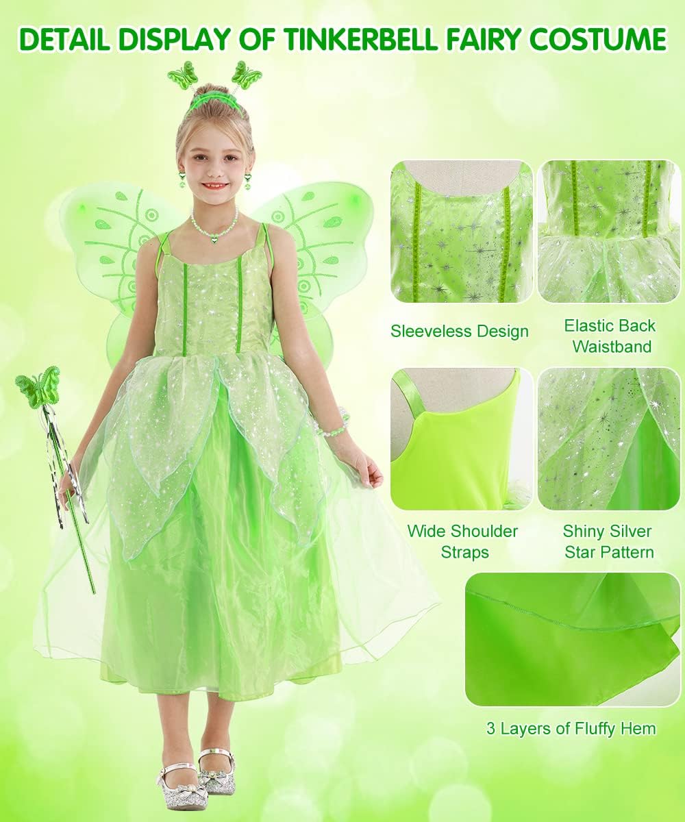 Costume Tinkerbell fille taille 110 avec robe verte et ailes papillon – Image 4