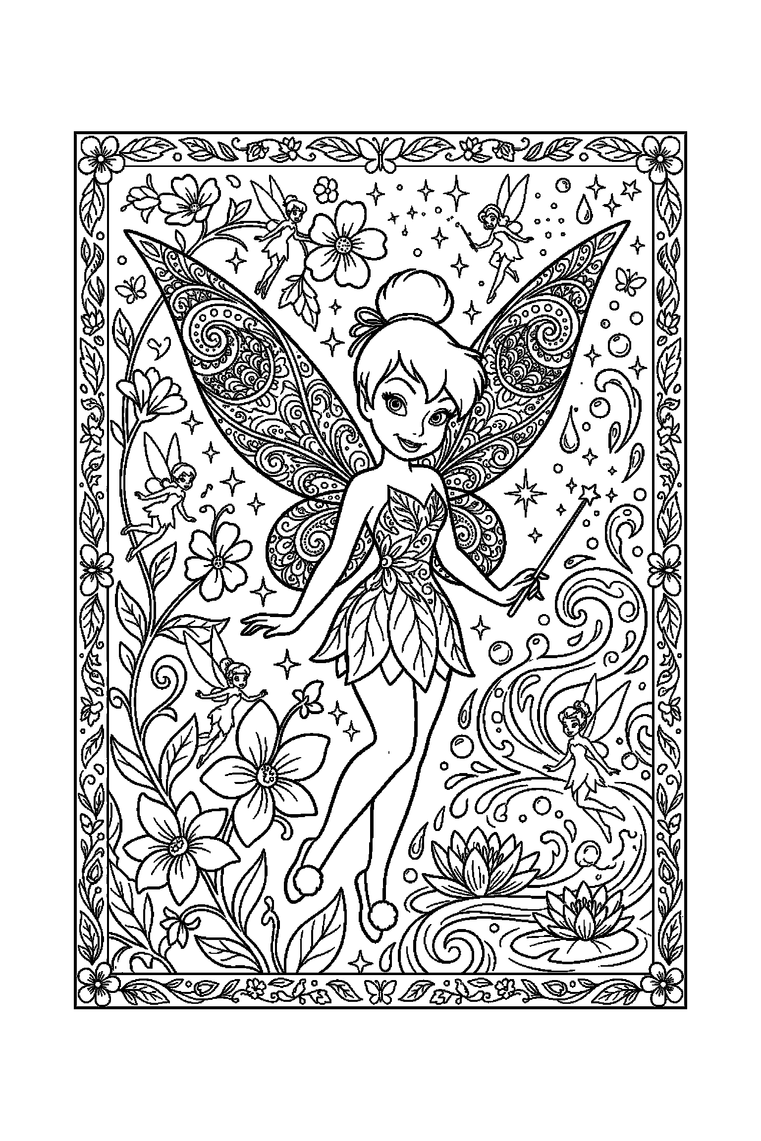 Coloriage Fée Clochette gratuit à imprimer - poster A4 détaillé de Clochette avec mandala ailes Coloriage Fée Clochette gratuit à imprimer : poster A4 détaillé de Clochette avec mandala ailes