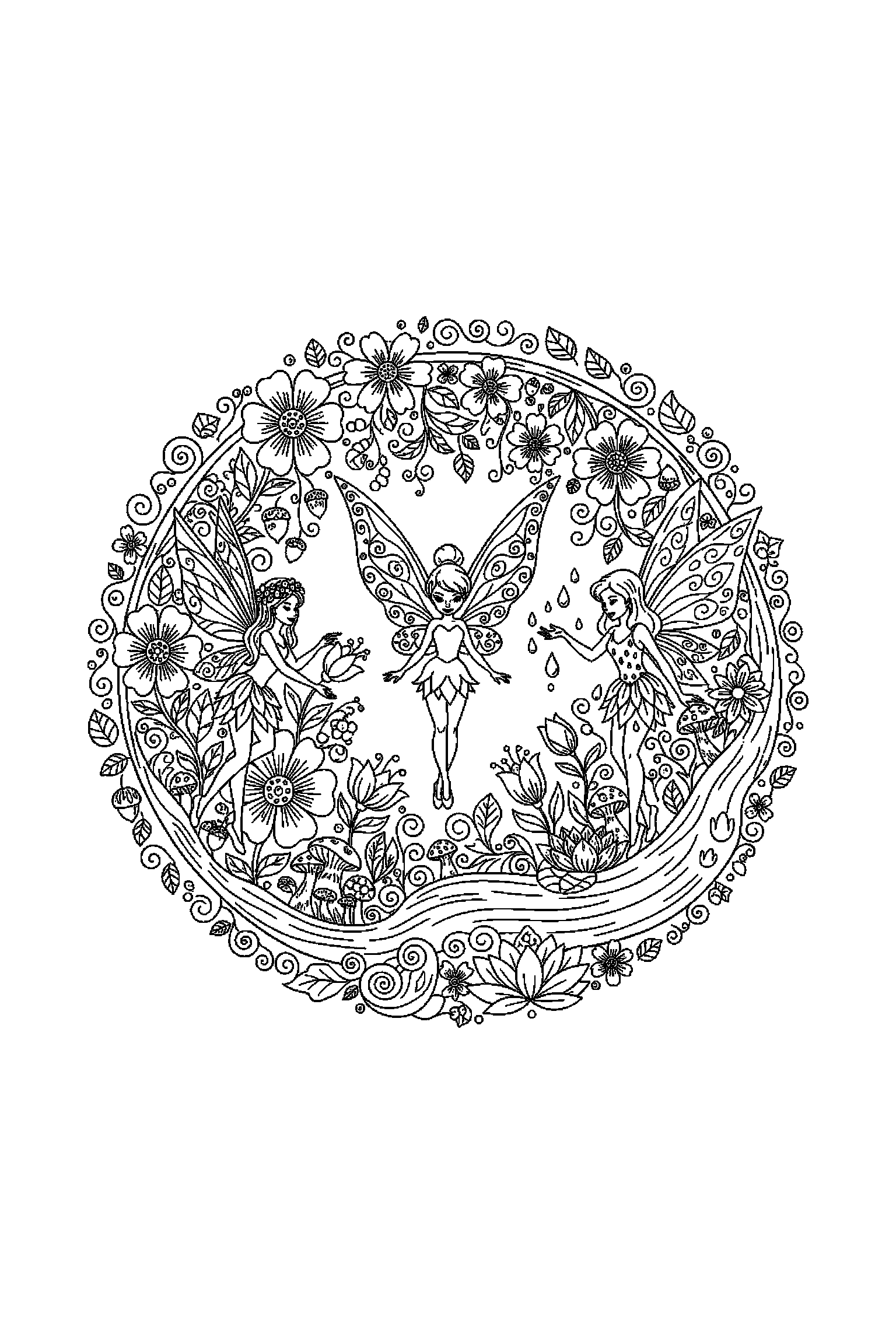 Coloriage Fée Clochette gratuit à imprimer - une petite fée au centre avec scène détaillée de une clairière Coloriage Fée Clochette gratuit à imprimer : une petite fée au centre avec scène détaillée de une clairière