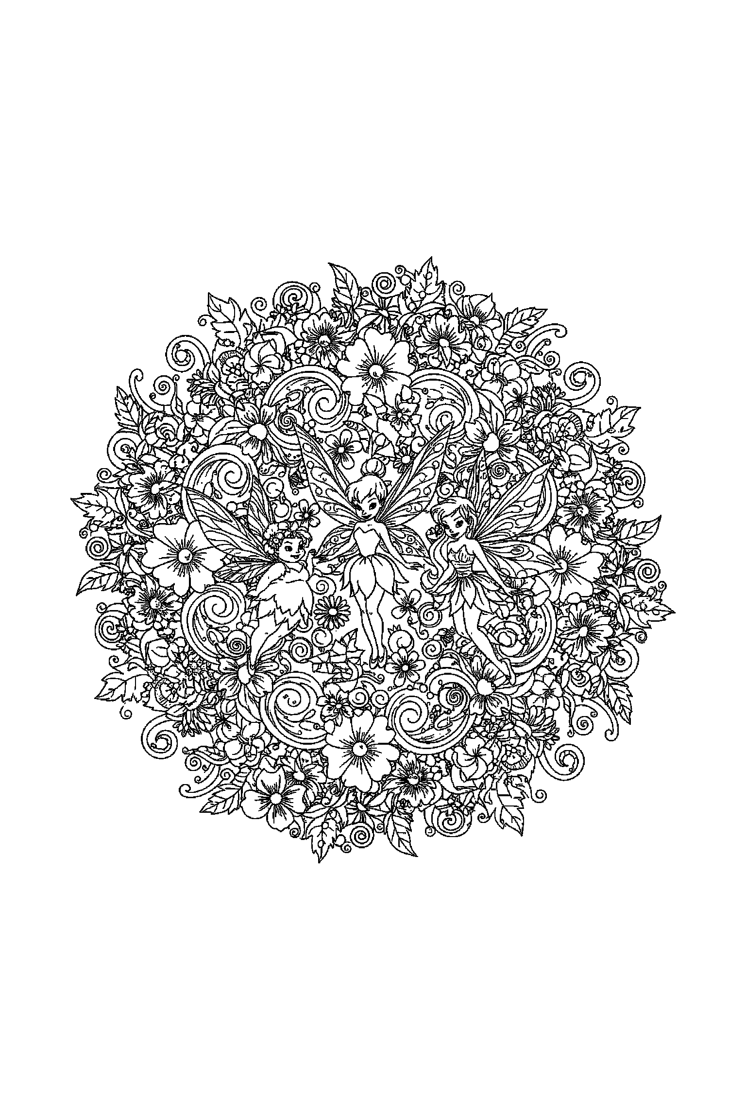 Coloriage Fée Clochette gratuit à imprimer - motif difficile de fleurs autour de une fée des fleurs Coloriage Fée Clochette gratuit à imprimer : motif difficile de fleurs autour de une fée des fleurs