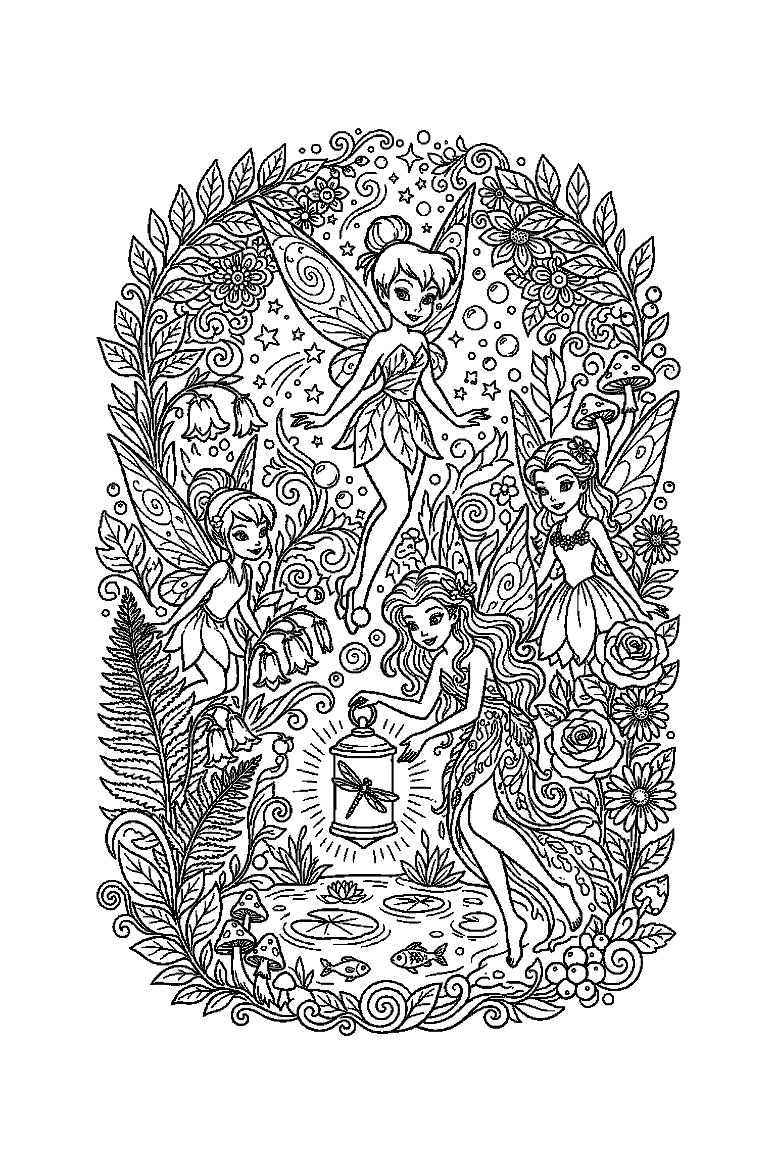 Coloriage Fée Clochette gratuit à imprimer - scène verticale détaillée avec une fée des eaux et une lanterne Coloriage Fée Clochette gratuit à imprimer : scène verticale détaillée avec une fée des eaux et une lanterne