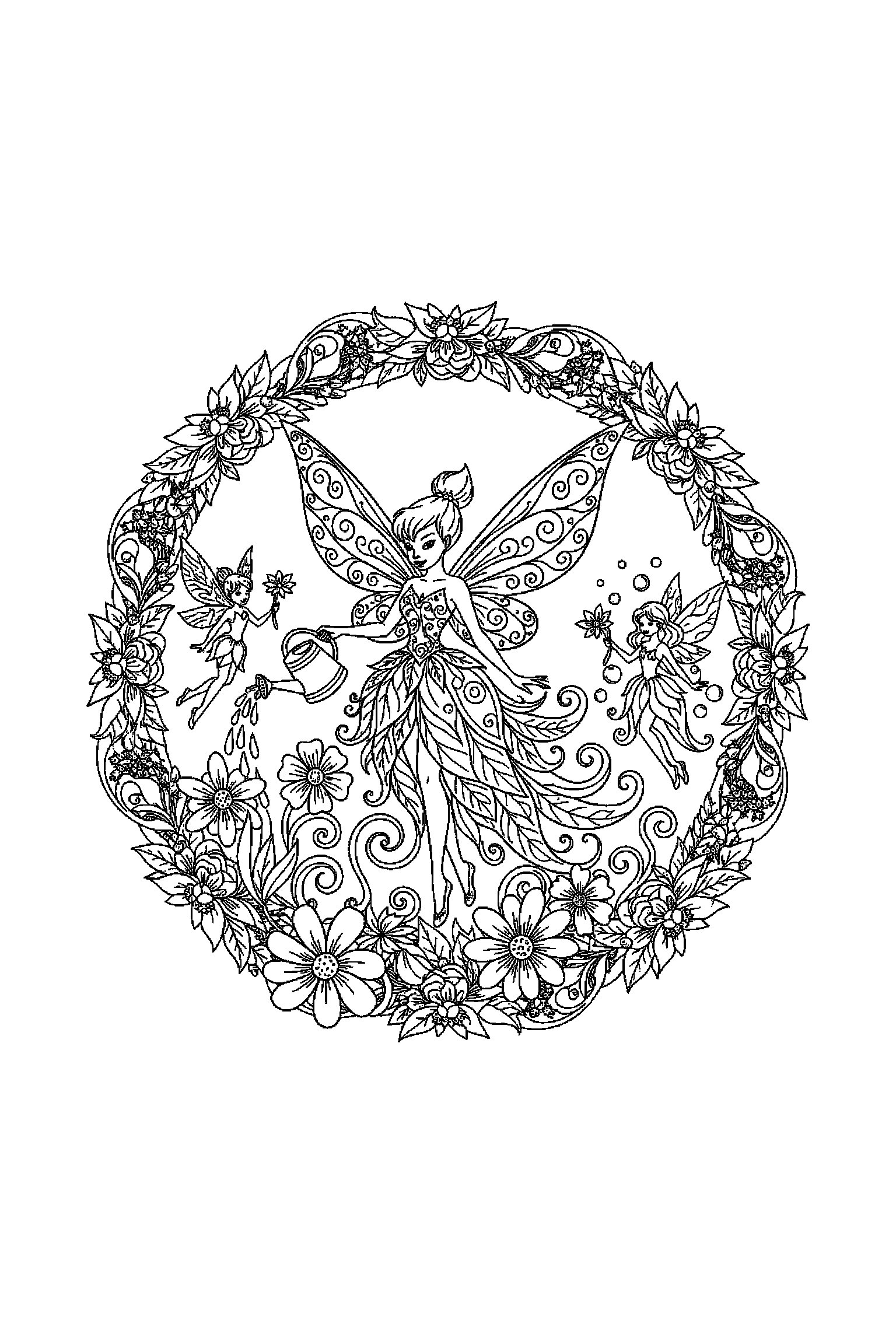 Coloriage Fée Clochette gratuit à imprimer - grand coloriage détaillé de une fée jardinière avec volutes Coloriage Fée Clochette gratuit à imprimer : grand coloriage détaillé de une fée jardinière avec volutes