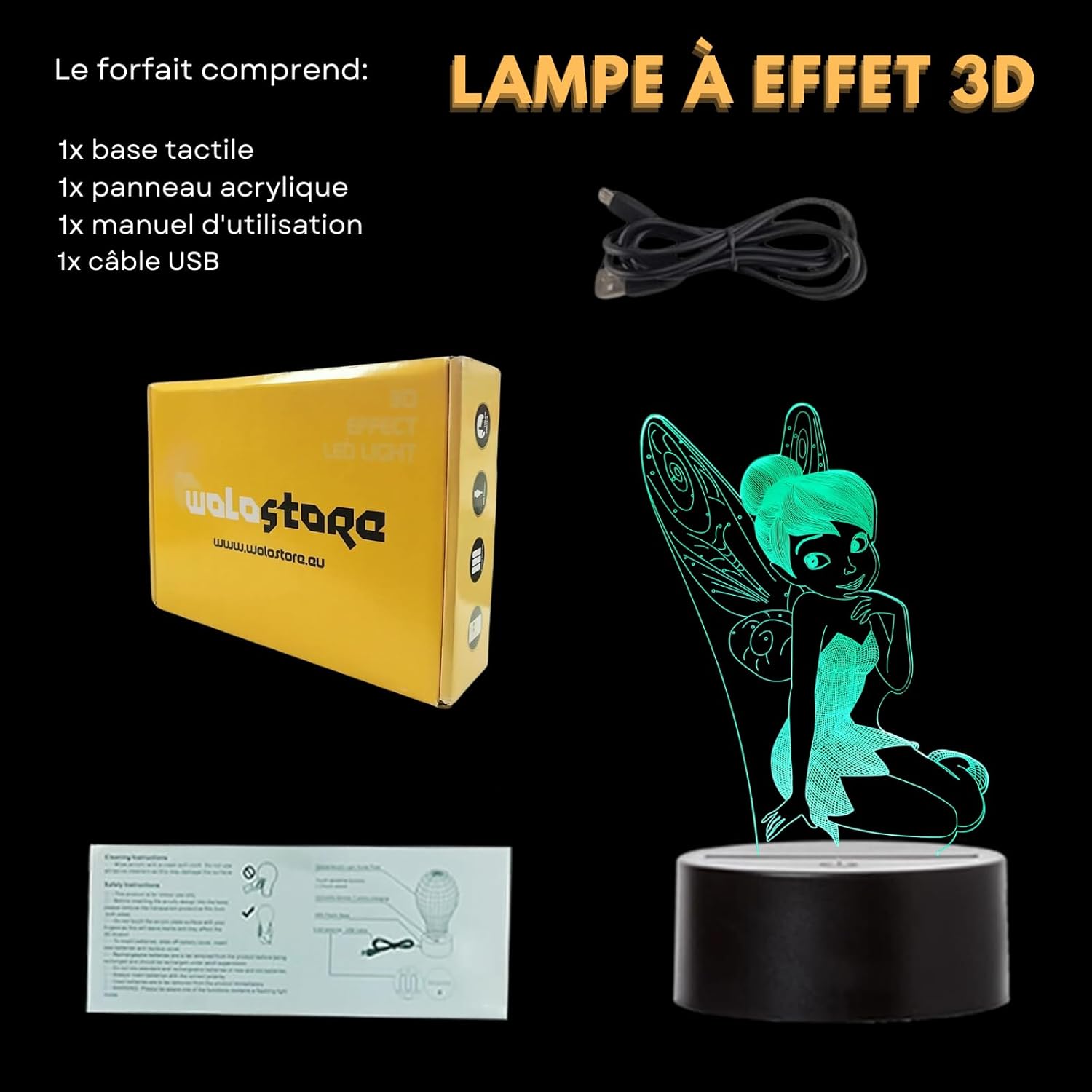 Lampe LED USB Fée Clochette à effet 3D multicolore – Image 3