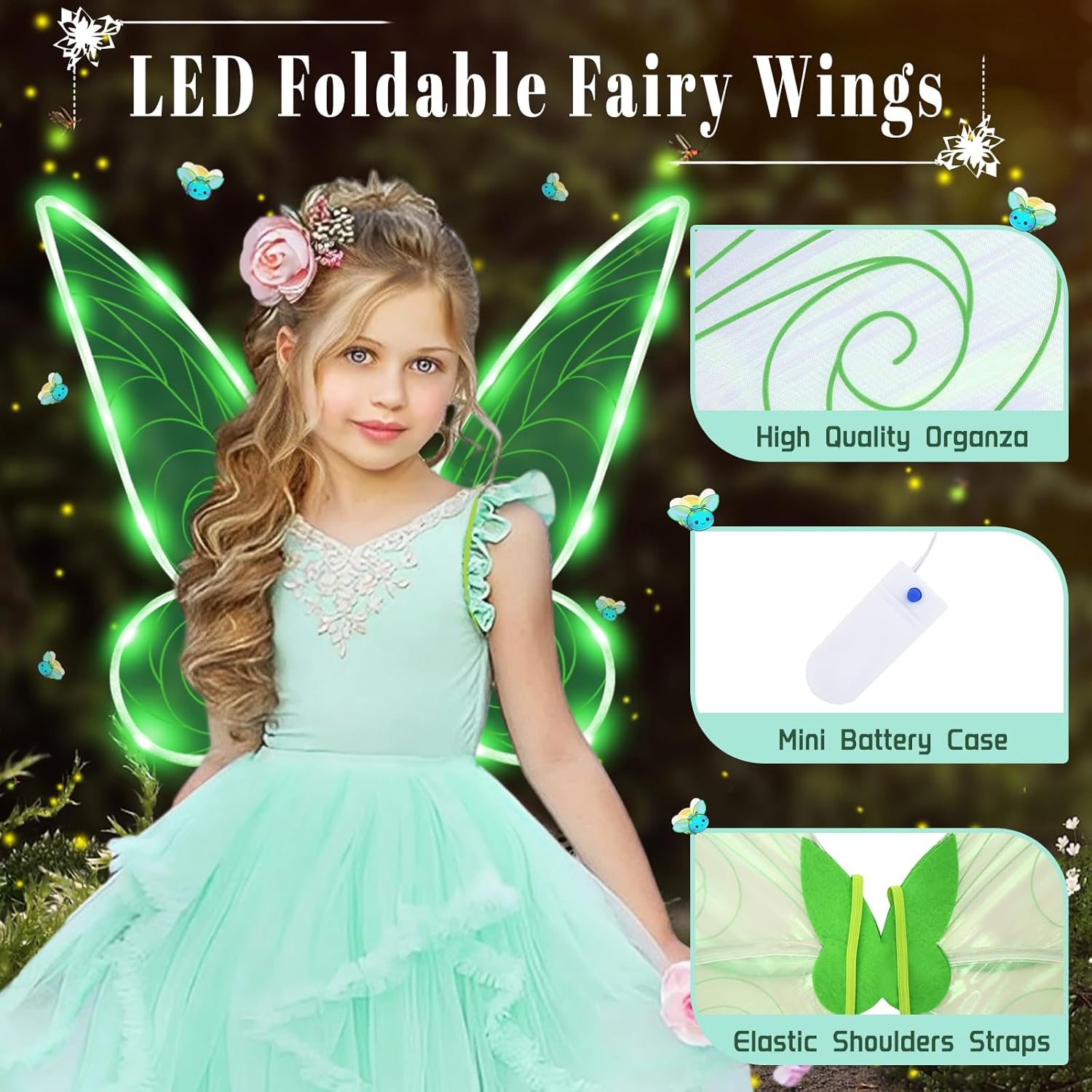 Ailes de fée Clochette lumineuses vertes à 8 modes LED – Image 4