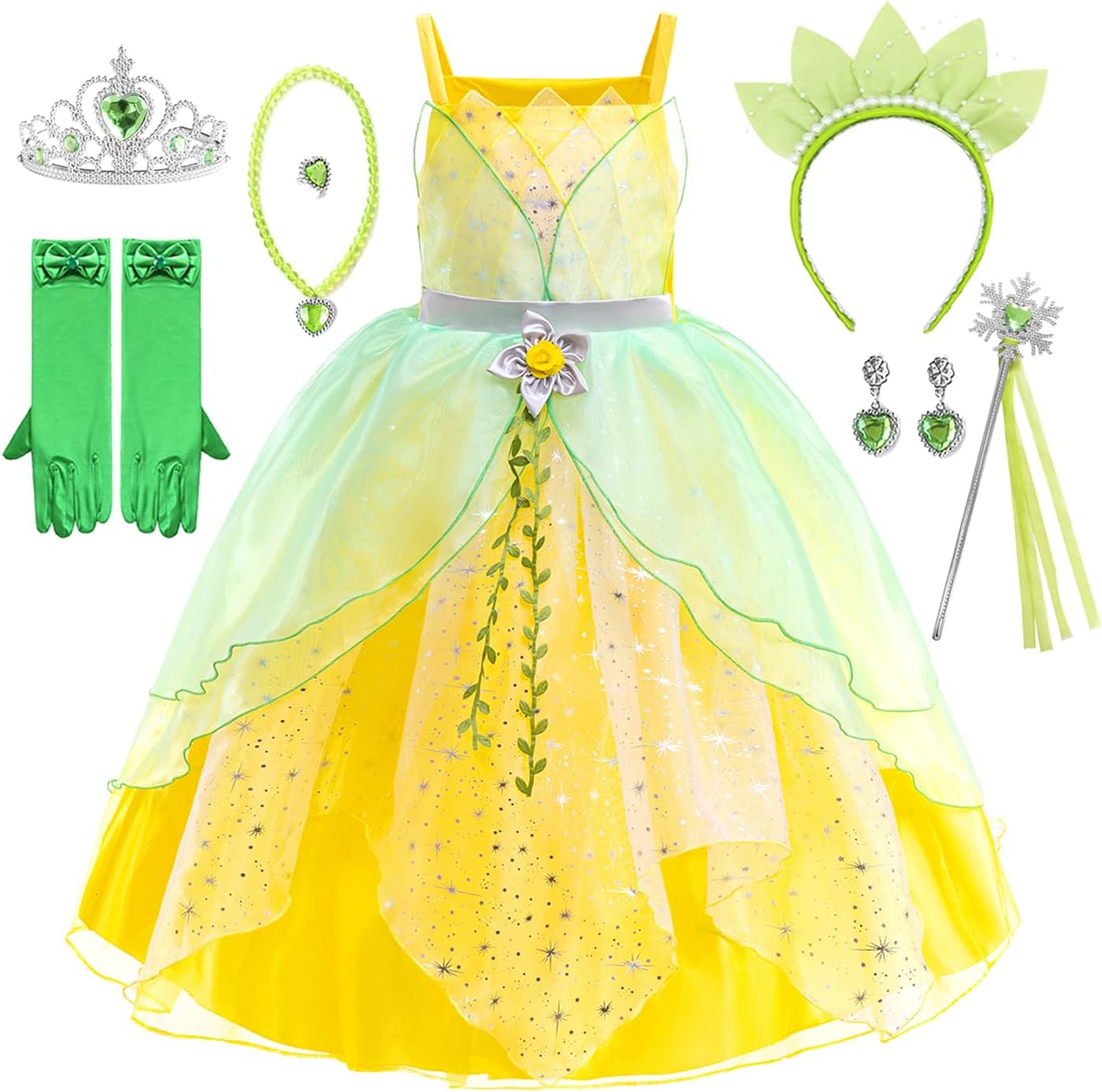 Robe Tiana verte avec 7 accessoires pour déguisement Fée Clochette enfant