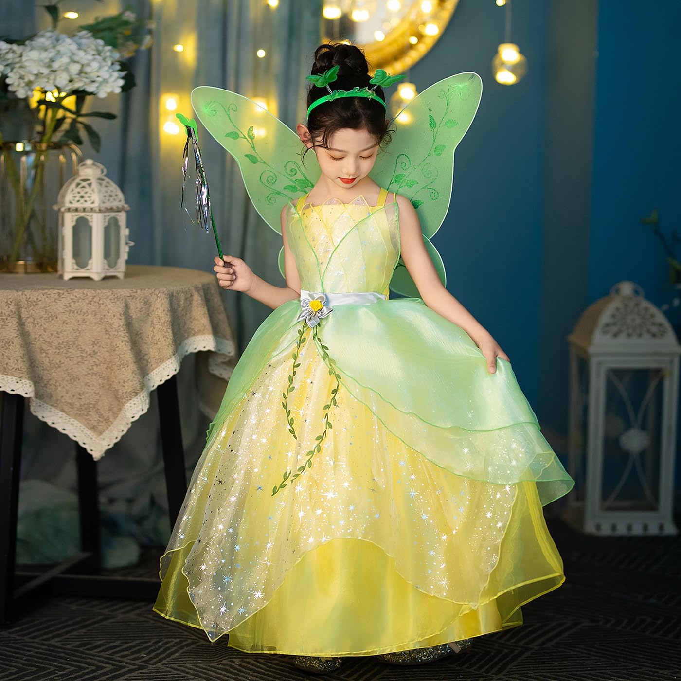 Robe Tiana verte avec 7 accessoires pour déguisement Fée Clochette enfant – Image 5