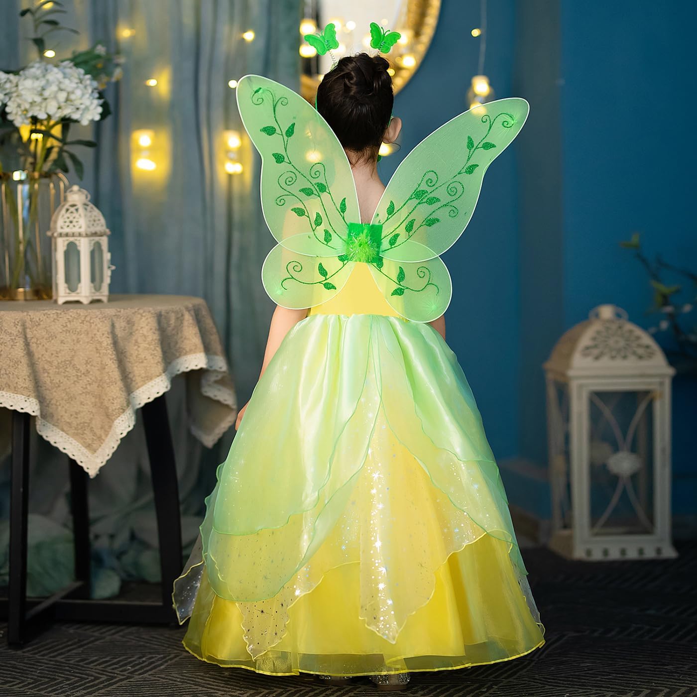 Robe Tiana verte avec 7 accessoires pour déguisement Fée Clochette enfant – Image 6