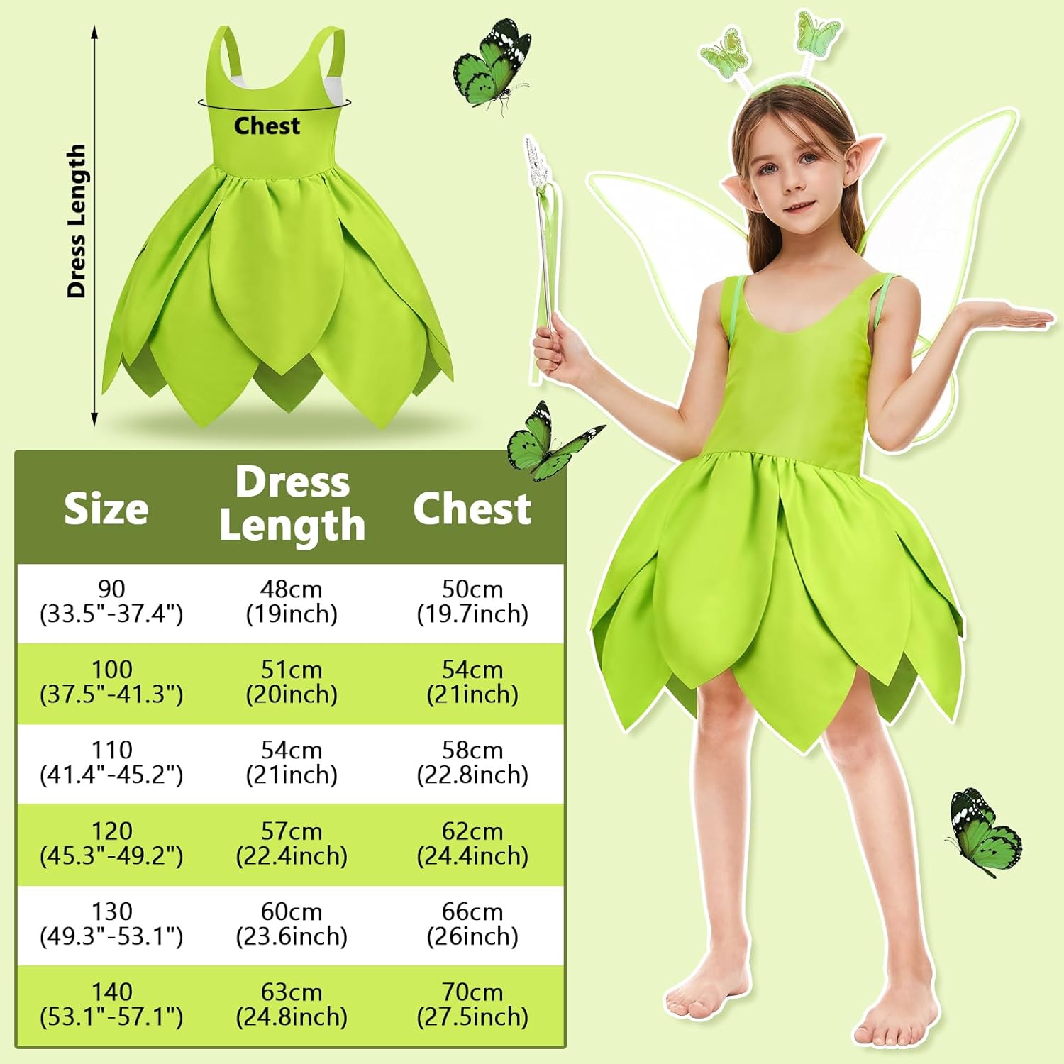 Costume Fée Clochette fille avec robe, ailes et baguette – Image 2