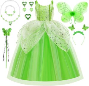 Costume Tinkerbell fille taille 110 avec robe verte et ailes papillon